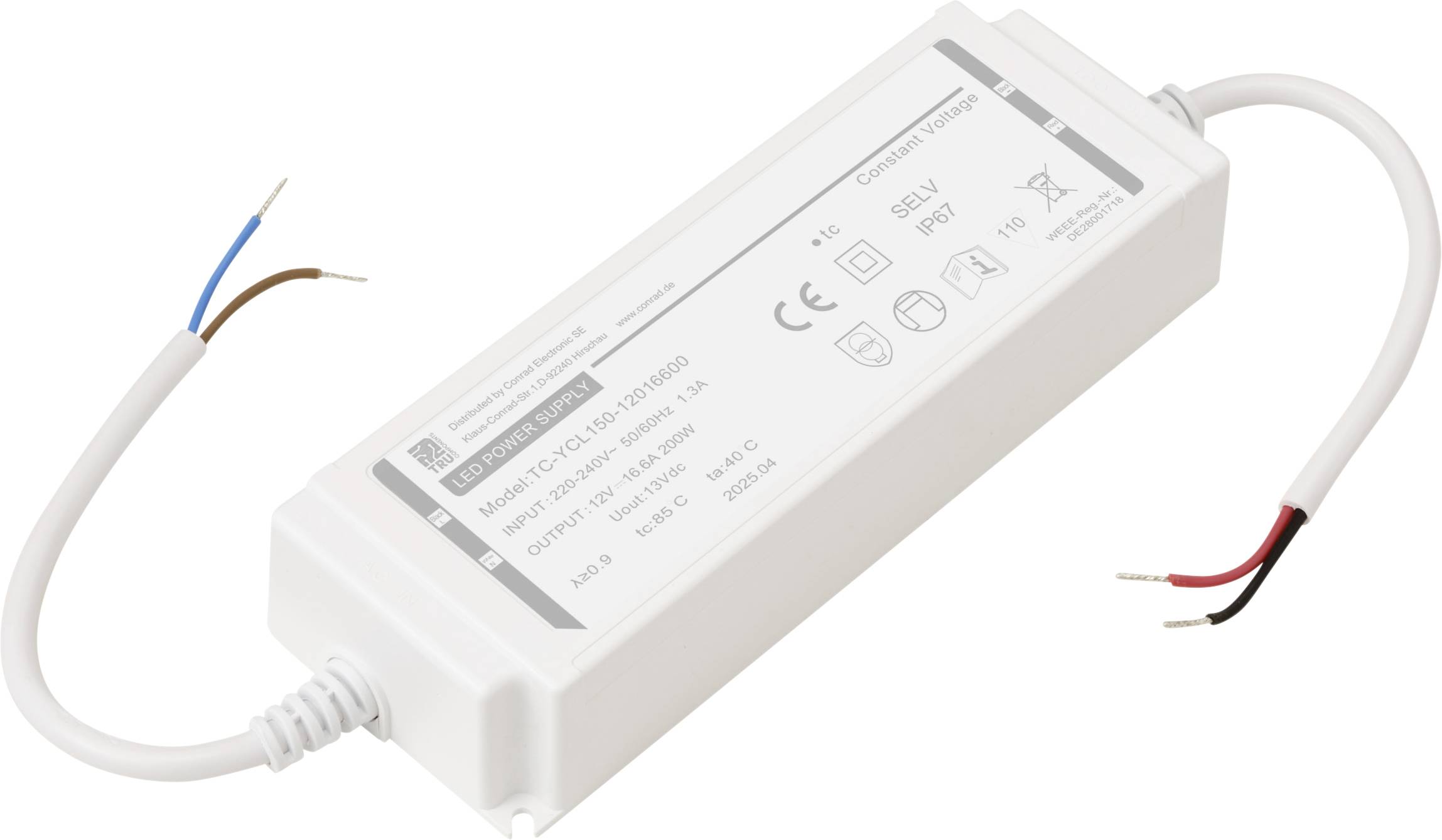 LED-Treiber in rechteckiger Bauform mit weißem Gehäuse, Modell 'LC 15/350' von TRIDONIC. Enthält Eingabe-/Ausgabedaten, Sicherheitszertifizierungen und Verdrahtungsdetails.