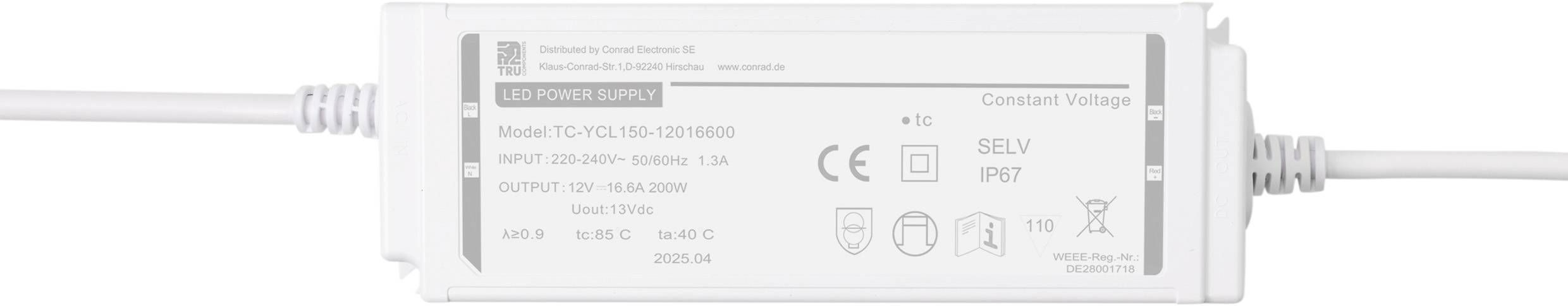Eine weiße LED-Stromversorgung mit Modell- und Sicherheitszertifizierungen. Eingangsspannung: 220-240V; Ausgangsspannung: 12V, 5A. Ausgestattet mit CE- und RoHS-Kennzeichnungen.