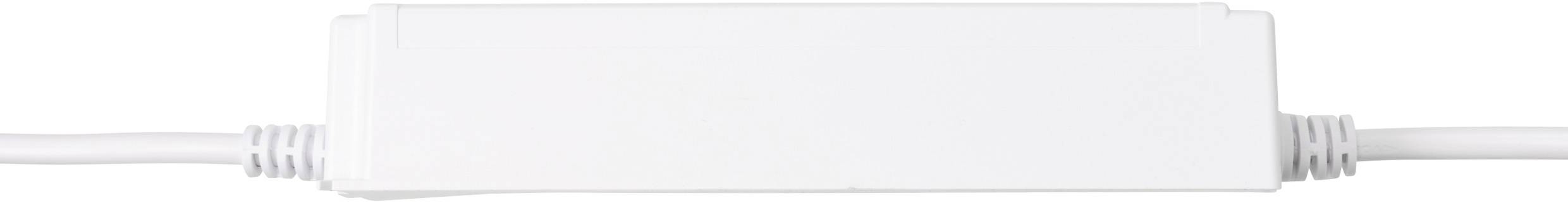 Eine rechteckige weiße Elektrobox mit Kabeln, die von jeder Seite herausragen.