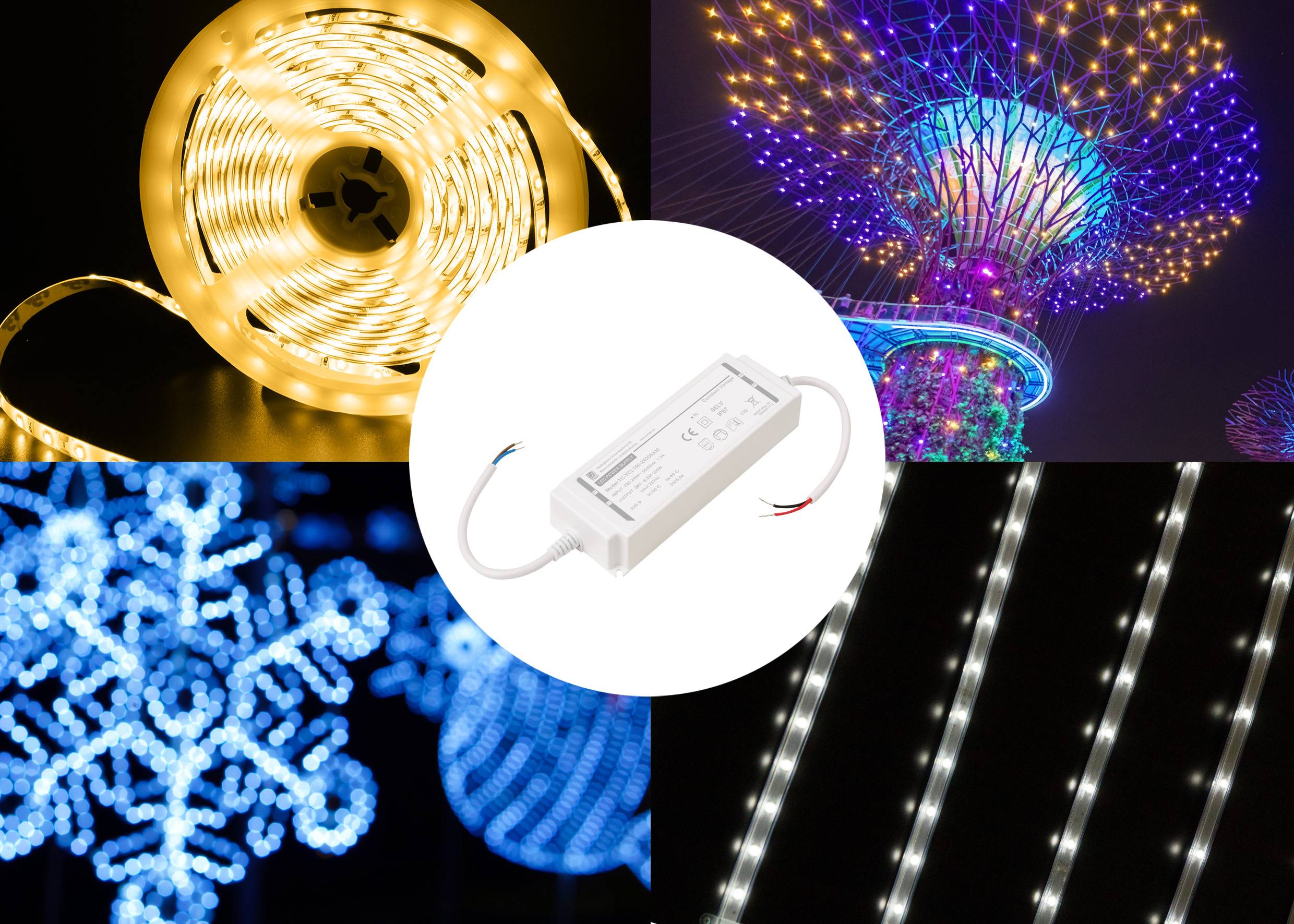 Eine Collage, die LED-Streifen und dekorative Beleuchtung in verschiedenen Farben und Mustern zeigt, zentriert um ein weißes LED-Netzteil.