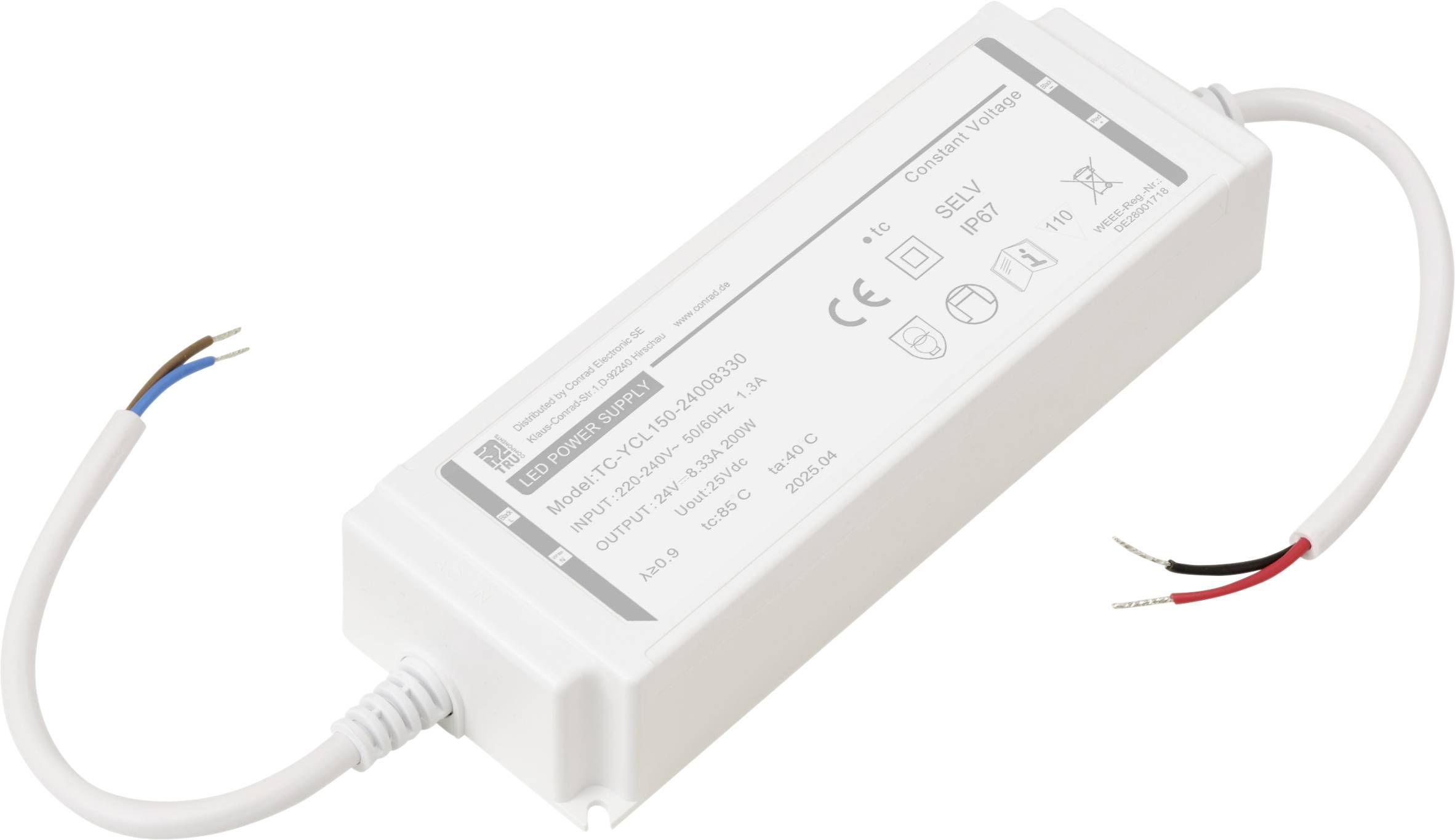 Ein LED-Treiber mit beschrifteten Eingangs- und Ausgangskabeln für elektrische Anschlüsse, auf dessen Oberfläche Spezifikationen und Sicherheitszertifizierungen angezeigt werden.