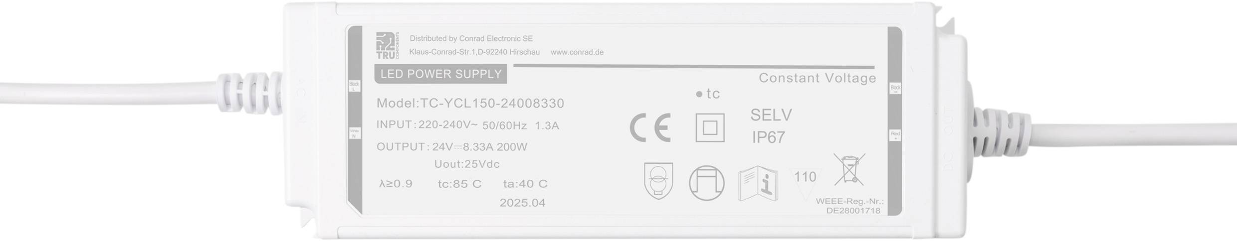 Rechteckiger LED-Treiber mit Beschriftung, die Eingangsspannung 220-240V, Ausgangsspannung 24V, maximal 100W anzeigt. Enthält Zertifizierungslogos und elektrische Sicherheitssymbole.