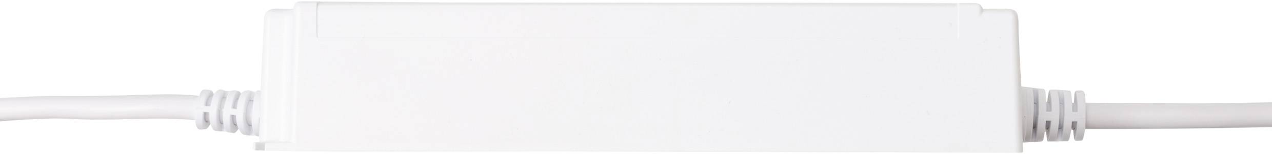 Ein weißes rechteckiges elektronisches Gerät mit Kabeln, die an beiden Enden angeschlossen sind, höchstwahrscheinlich ein Netzteil oder Konverter.