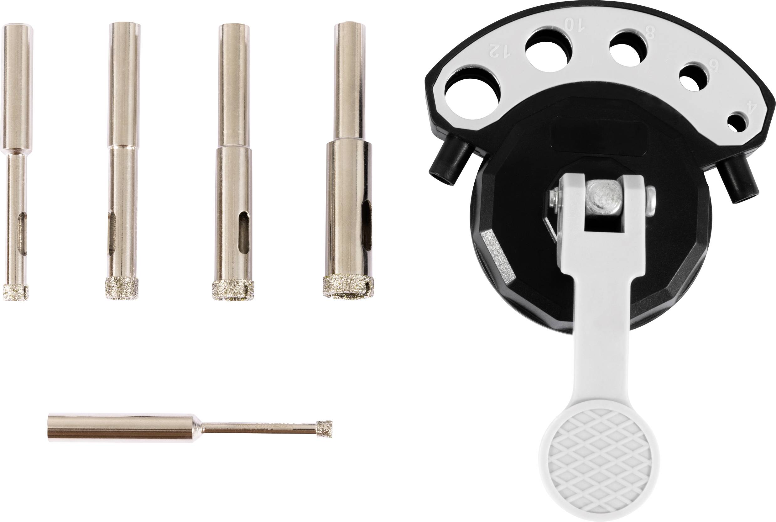 Diamant-Lochsäge-Set mit vier Bohrern und einem schwarz-silbernen Auflageklotz. Das Set wird zum präzisen Bohren in harten Materialien verwendet.