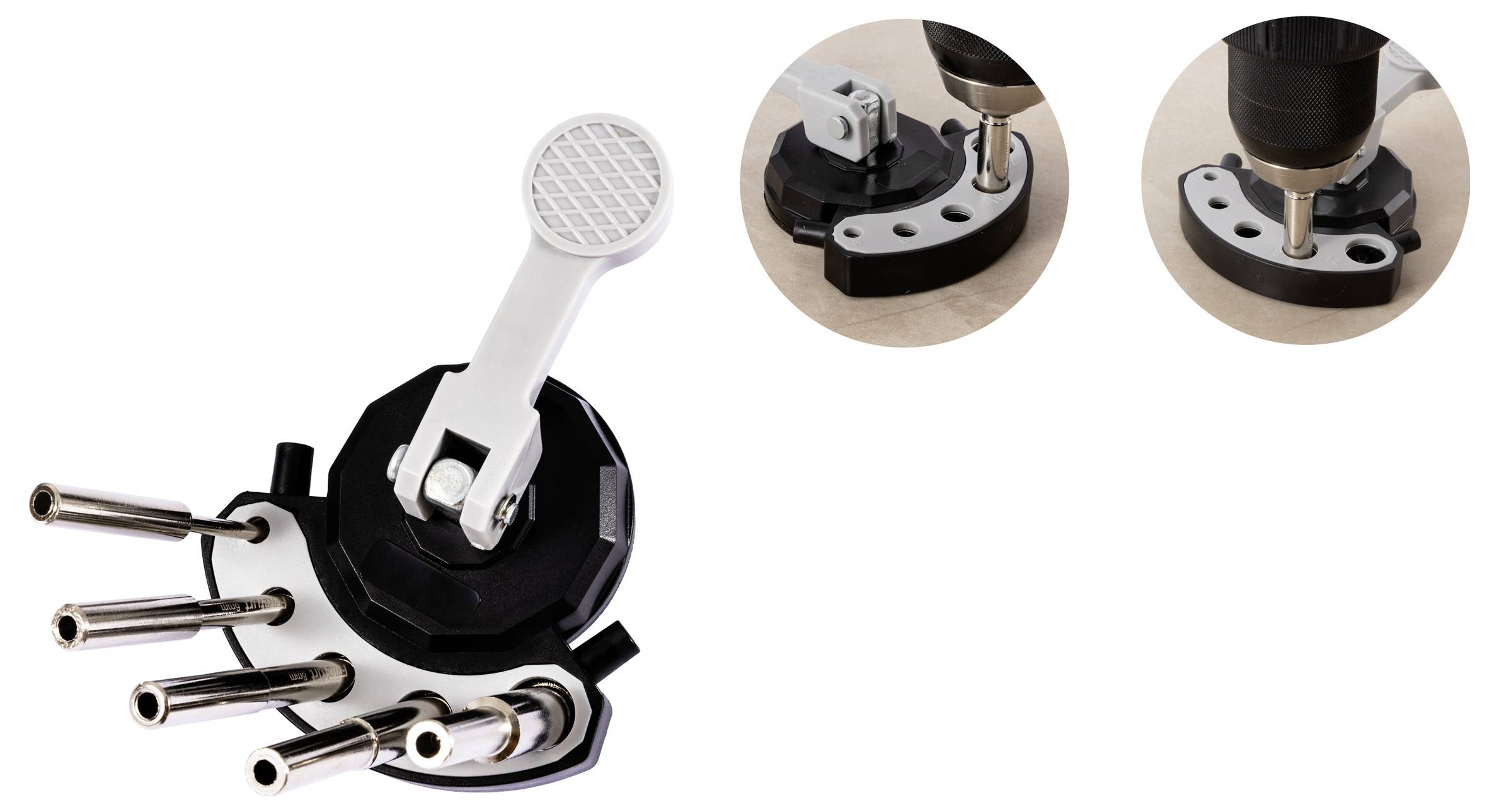 Ein Lochsägenführung mit vier Metallröhren und einem Griff, die in Nahaufnahmen oben rechts die Verwendung mit einer Bohrmaschine zeigt.