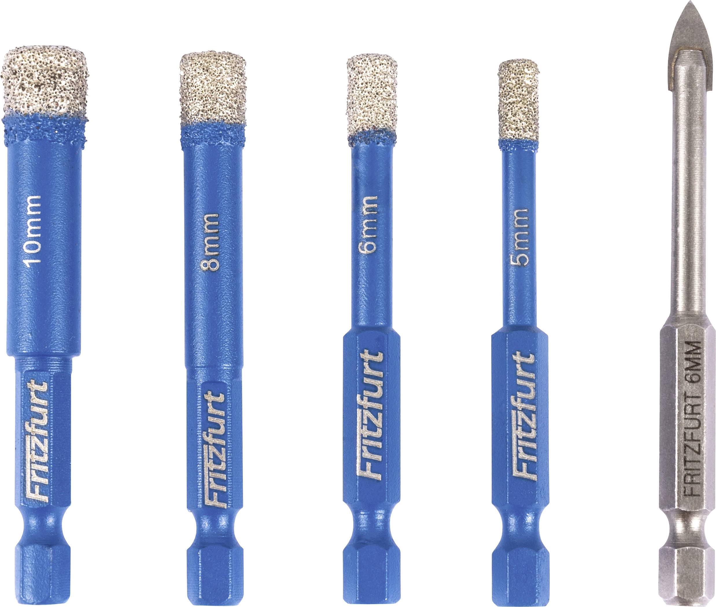 'Fritzfurt' Markenset: fünf blaue Diamantbohrer beschriftet als 10mm, 8mm, 6mm und 5mm, plus ein grauer 6mm Metallfliesen-Bohrer.