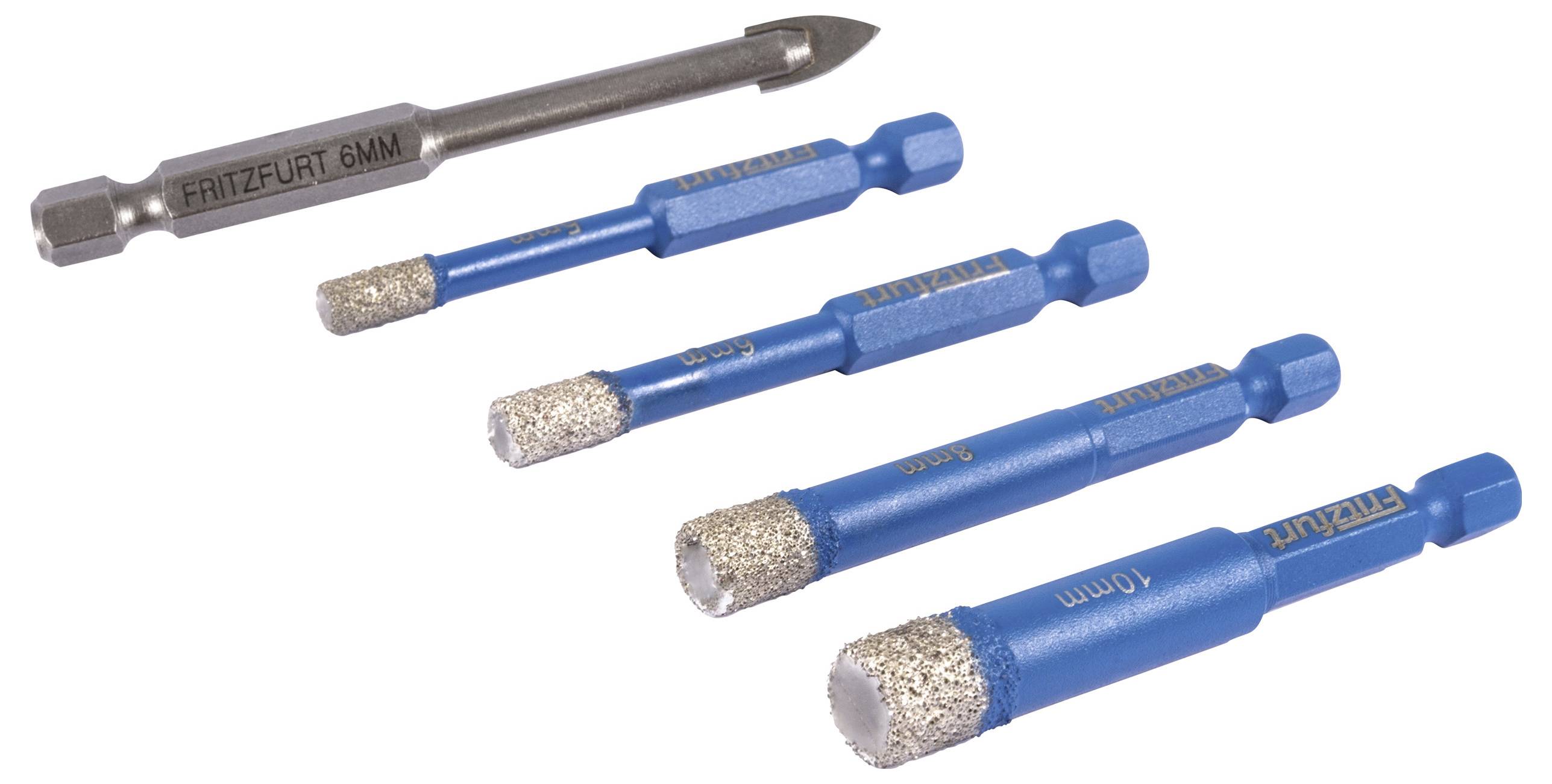 Diamantbohrer in verschiedenen Größen, angeordnet von größtem zu kleinstem. Der größte ist mit 'FRITZFURT 6MM' beschriftet, alle haben blaue Schafte.