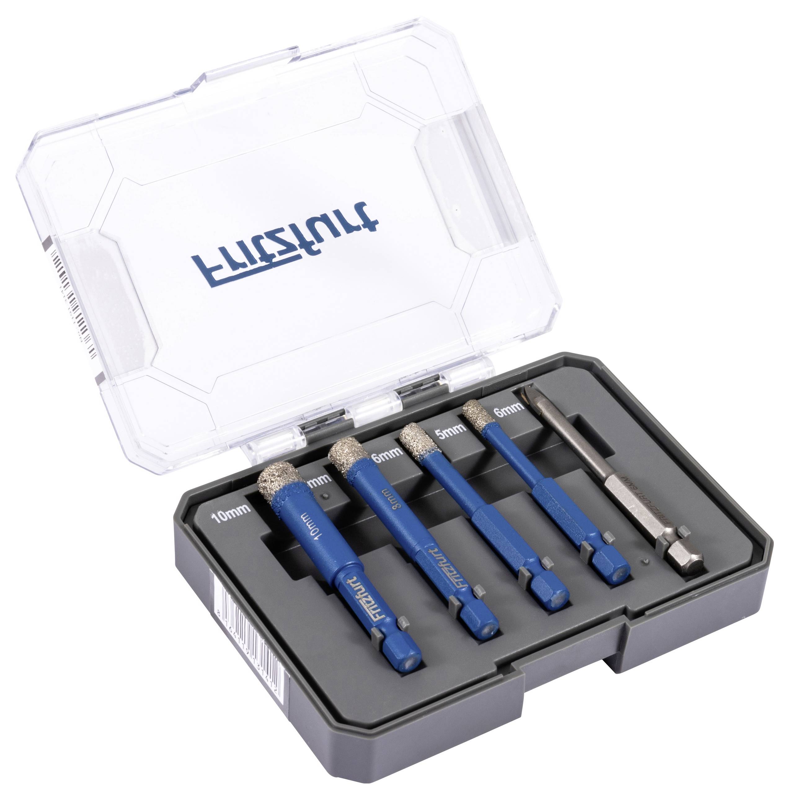Ein Satz von fünf blauen Bohrern mit Diamantspitzen, die in einem schwarzen Kunststoffkoffer angeordnet sind, wobei jeder Bohrer mit seiner Größe von 5 mm bis 10 mm beschriftet ist, mit einem durchsichtigen Deckel, der das Markenlogo präsentiert.