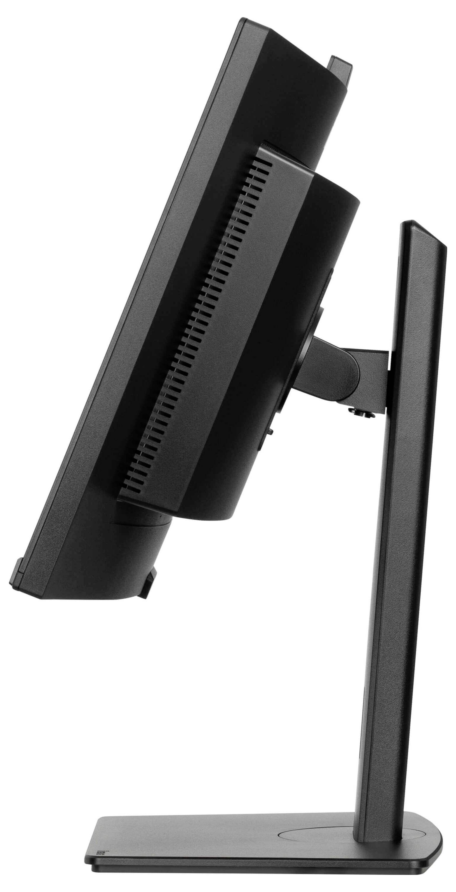 Schwarzfarbener Computermonitor von der Seite, vertikal verstellbar auf stabilem Standfuß. Keine sichtbaren Abbildungen auf dem Bildschirm.