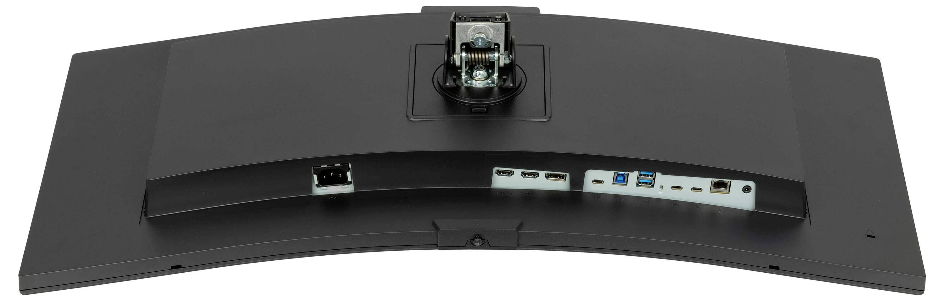 'Rückseite eines Monitors mit mehreren Anschlüssen', darunter HDMI, DisplayPort, USB und Netzanschluss.