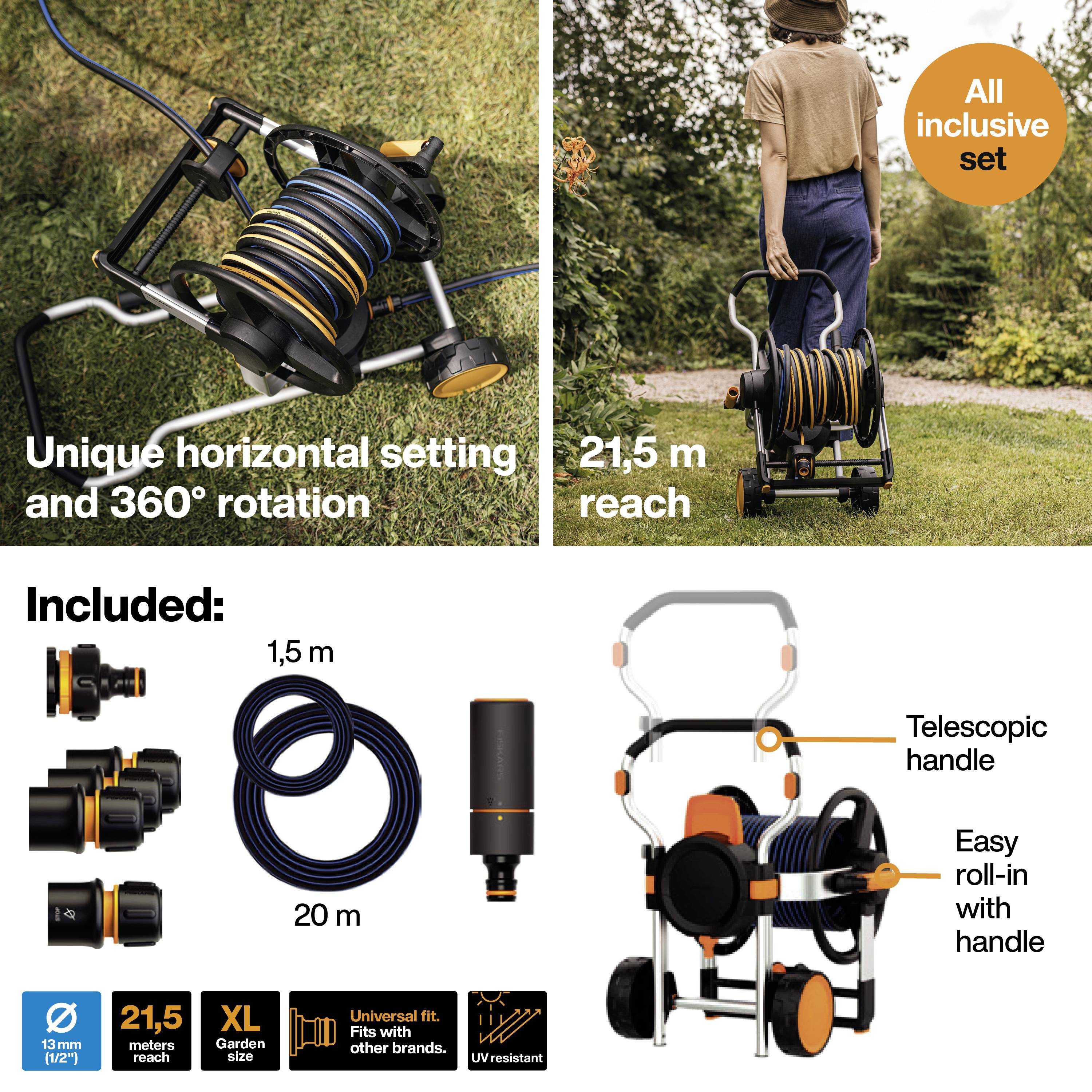 Fiskars 1062256 Waterwheel XL Schlauchwagen 13mm 20m 1/2 Zoll 1 St. Schwarz, Orange