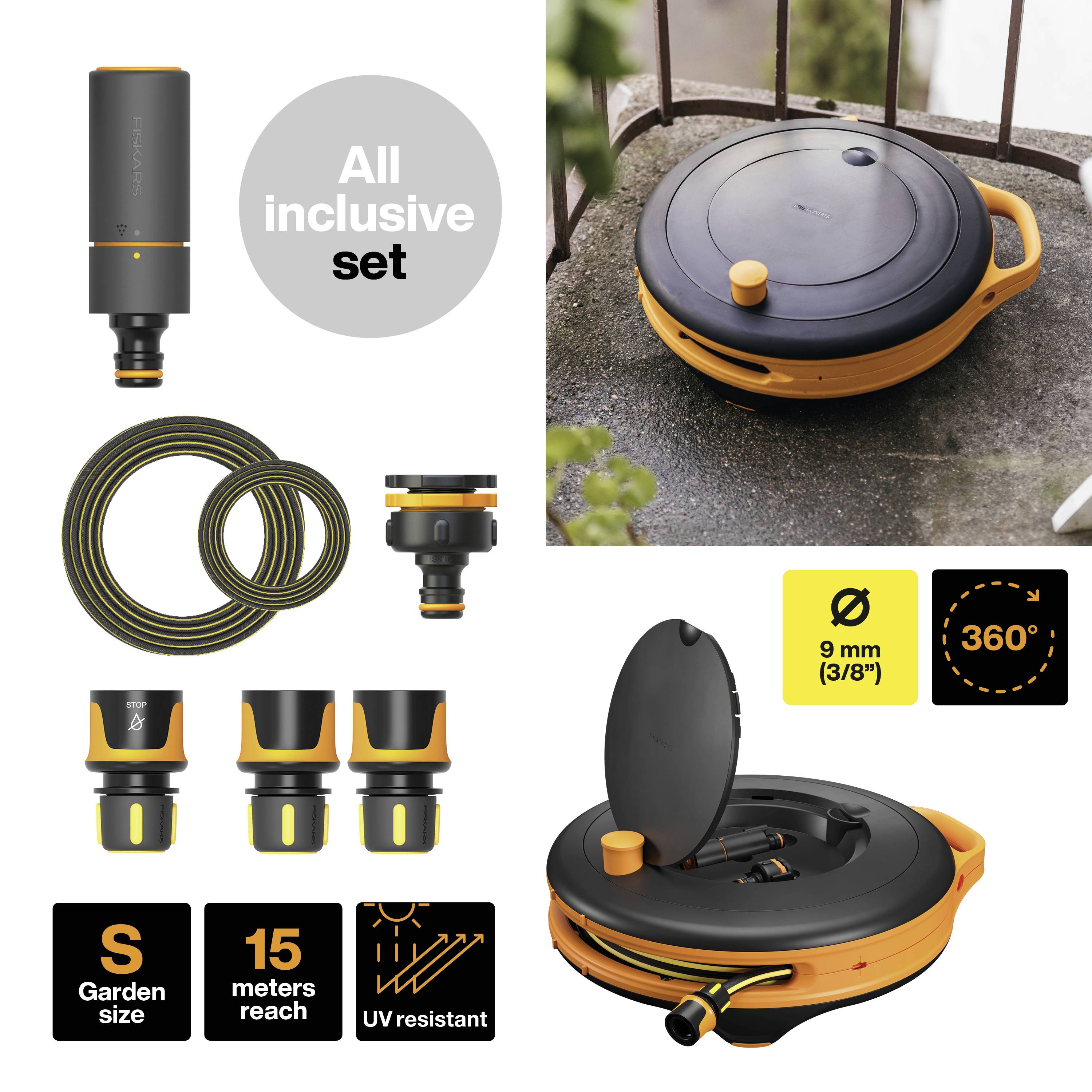 Fiskars 1071660 Comfort Waterwheel Schlauchtrommel 9mm 15m 3/8 Zoll 1 St. Schwarz, Orange