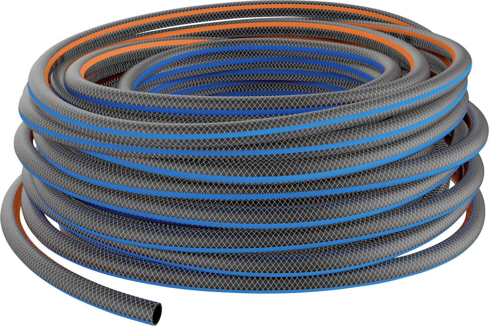 Gartenschlauch, schwarzes Gittermuster mit blauen und orangefarbenen Streifen, aufgerollt, für Bewässerungszwecke geeignet.