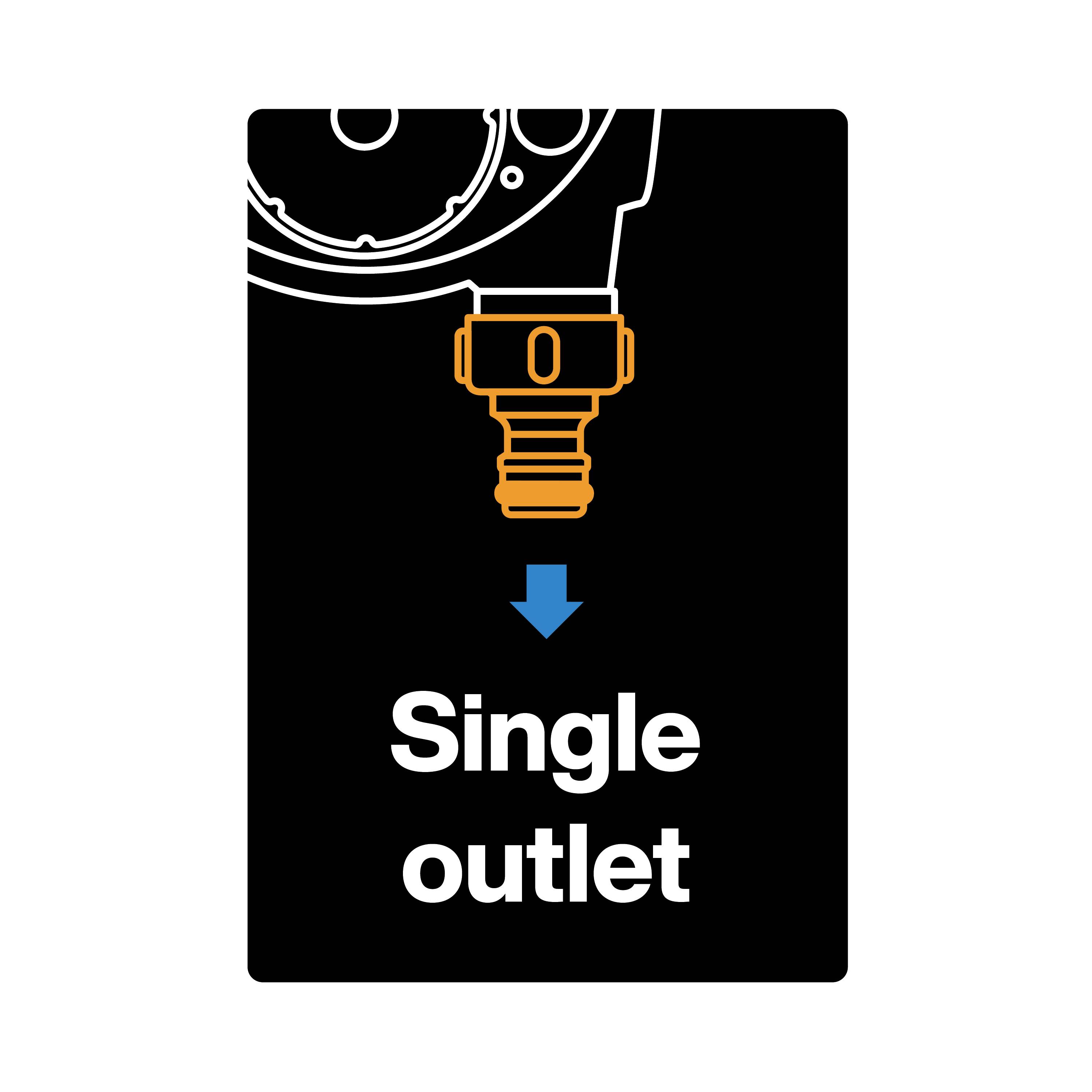 'Single outlet' steht unter einer grafischen Darstellung eines Ventilanschlusses mit Pfeil nach unten.