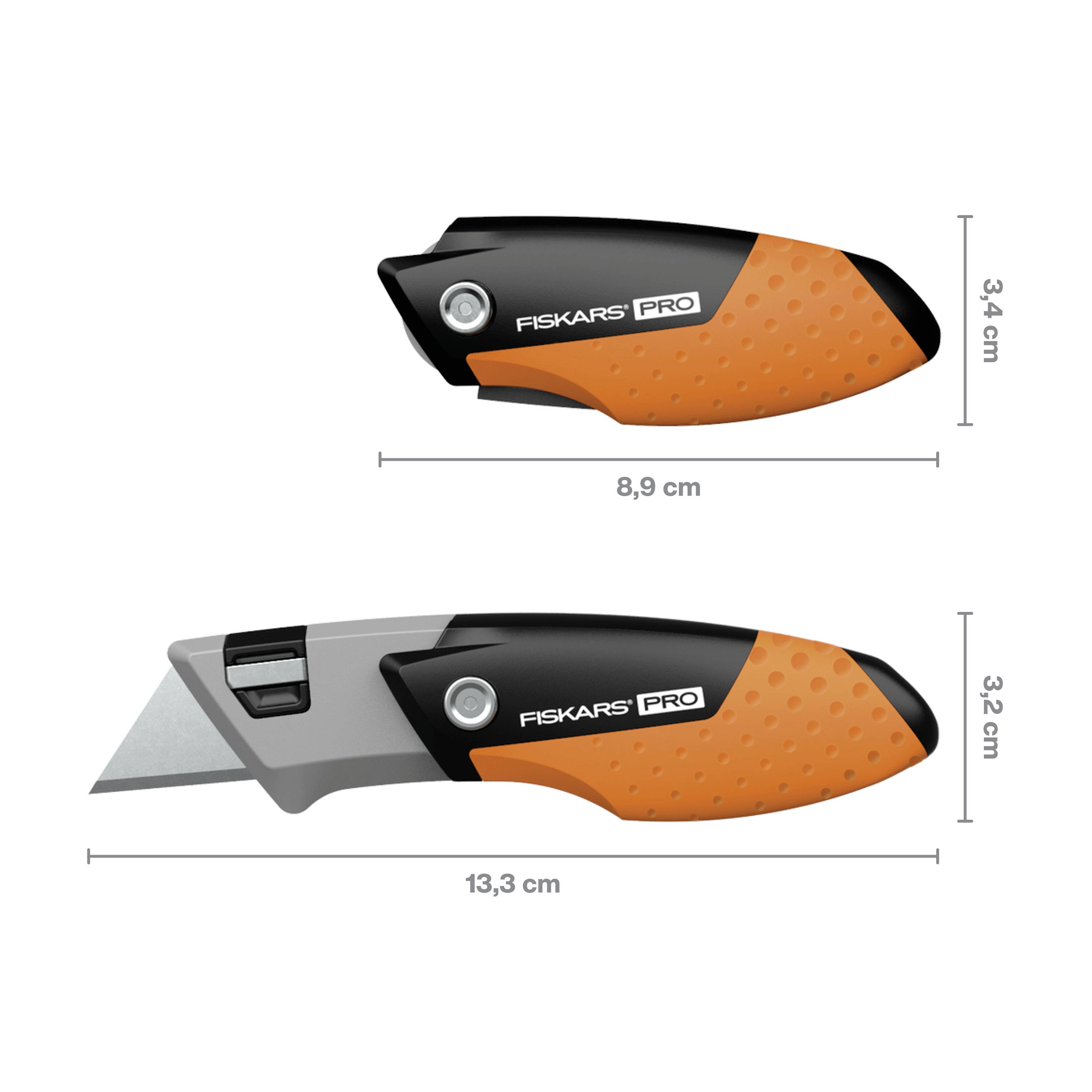 Klappbares Universalmesser mit ausziehbarer Klinge, geschlossen 8,9 cm, geöffnet 13,3 cm. Ergonomisches Design in Schwarz-Orange.
