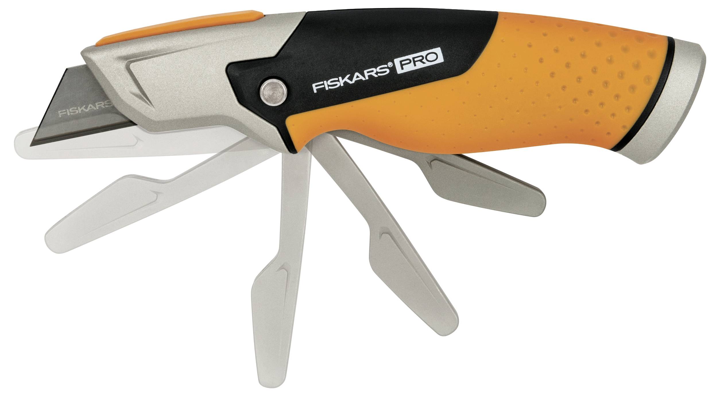 Ein multifunktionales Werkzeugmesser mit ergonomischem, orange-schwarzem Griff. Es zeigt sich mit mehreren ausgeklappten Klingen.