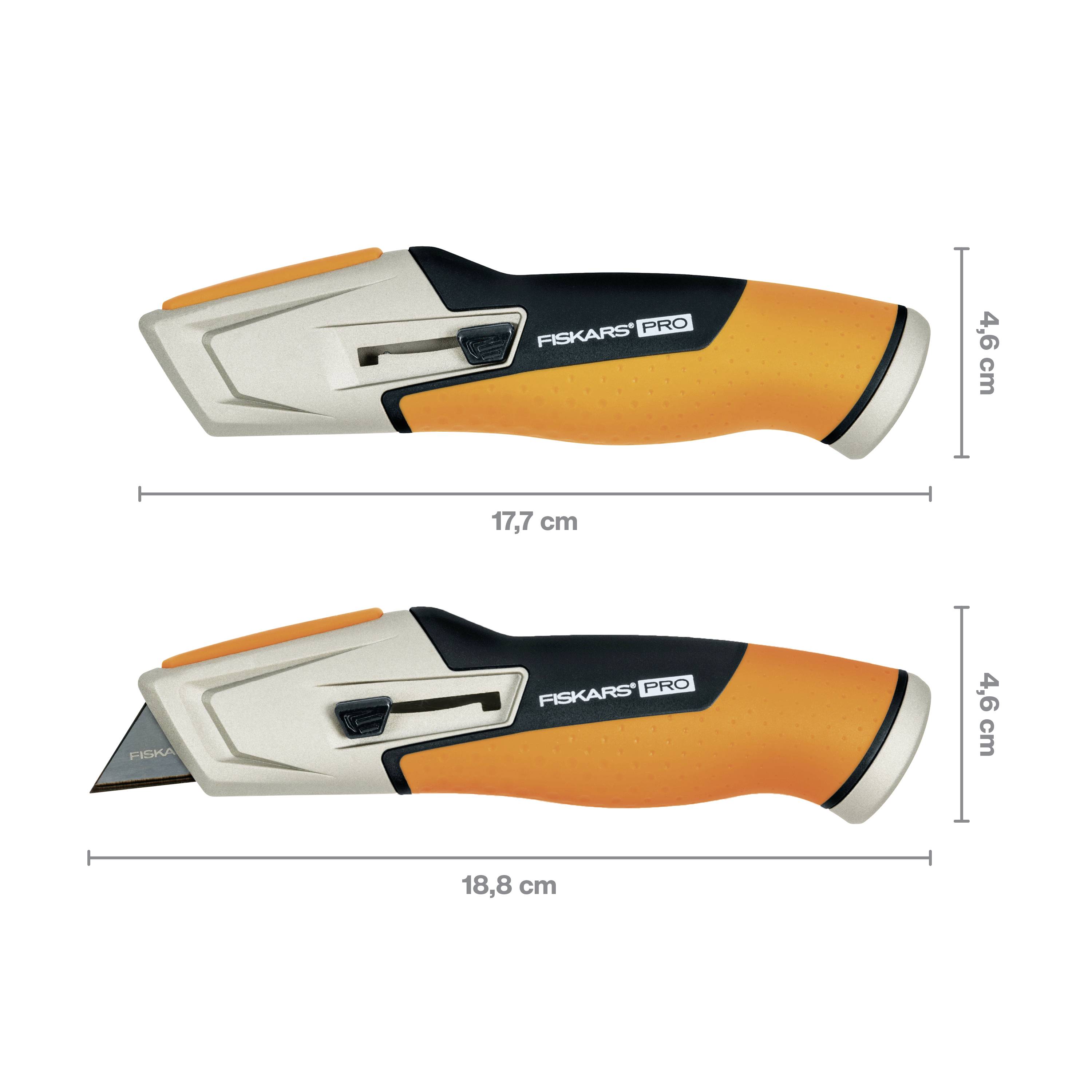 'Fiskars Pro' Universalmesser, Länge 17,7 cm und 18,8 cm, Höhe 4,6 cm. Zeigt geöffneten und geschlossenen Zustand.