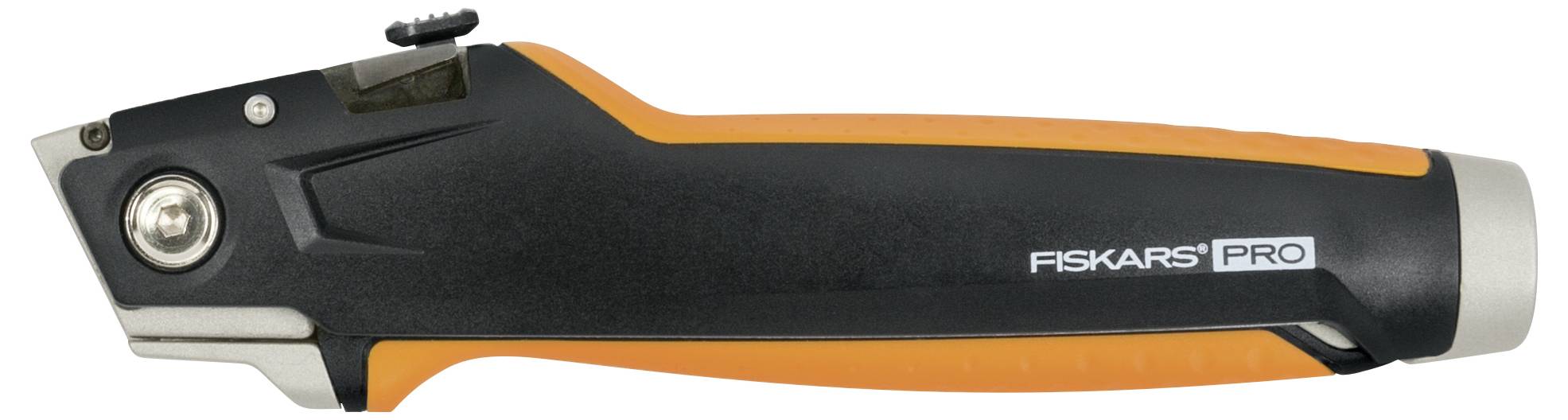 Schwarz-orangefarbener Schraubenschneider von Fiskars PRO, seitliche Ansicht, zeigt ergonomischen Griff und Klingenmechanismus.