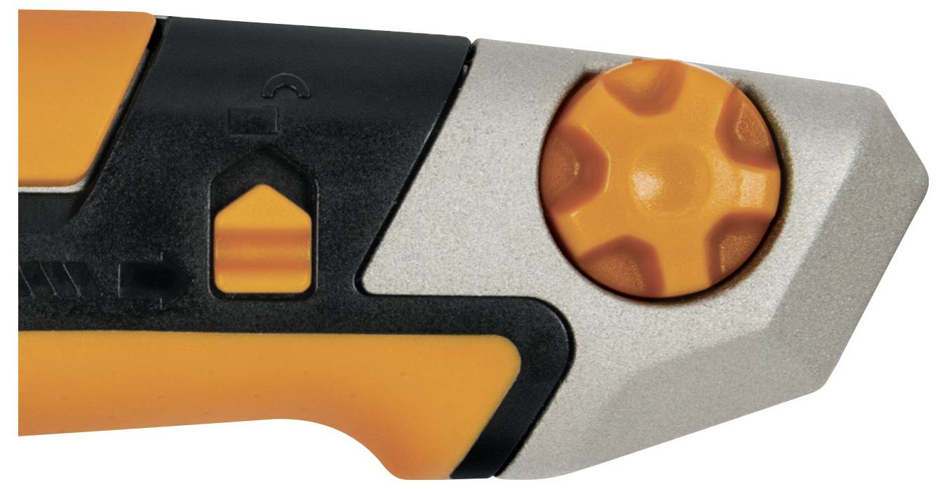 Ein Detail eines Werkzeugs mit einem orangefarbenen und schwarzen Griff, sowie einem drehbaren Rad zum Einstellen der Klinge.