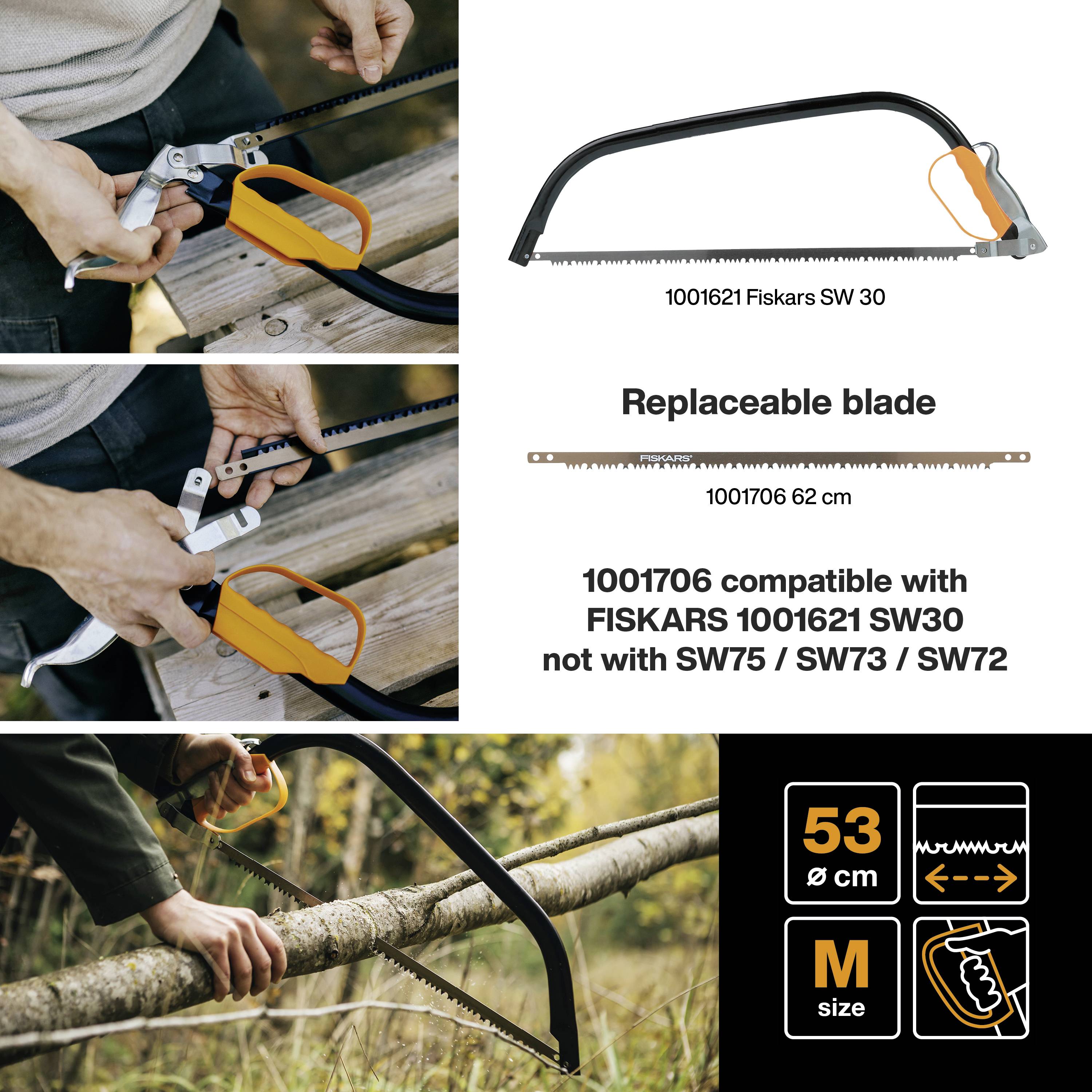 Ein Mann benutzt eine Handsäge mit Ersatzblatt. Zwei Ersatzblätter sind abgebildet: 1001621 (SW30, 62 cm) und 1001706 (SW73/SW72, 62 cm).