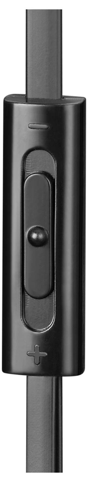 Ein schwarzer Schiebeschalter an einem Kabel mit Plus- und Minus-Symbolen für Lautstärkeregelung.