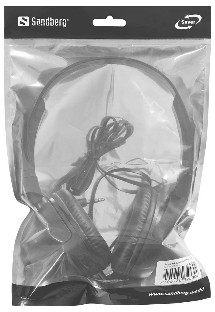Verpackte Kopfhörer der Marke Sandberg. Schwarzes Design, in durchsichtiger Plastikverpackung mit Kabel im Inneren sichtbar.