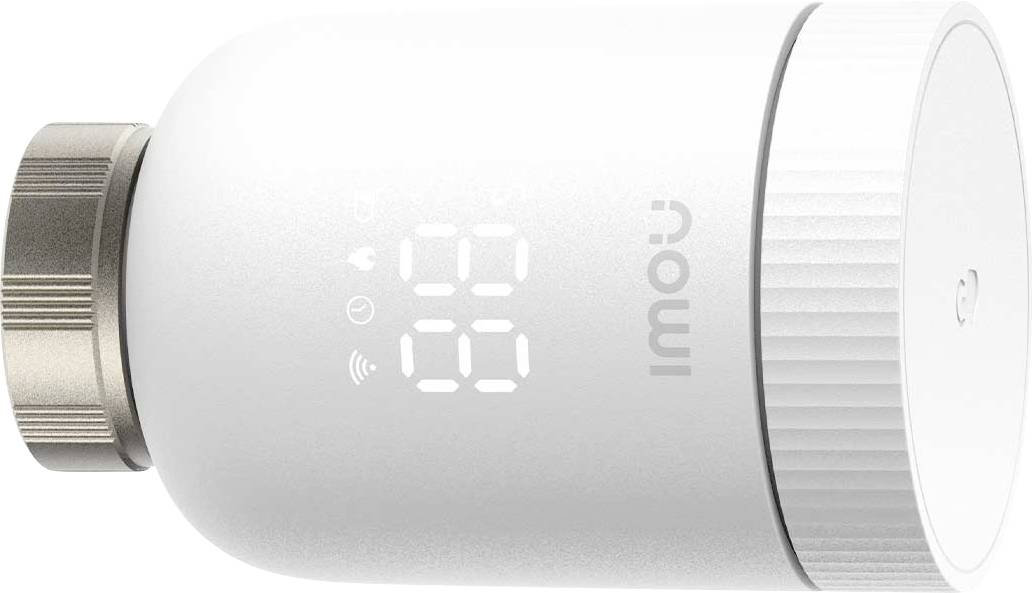 Weißer Heizkörperthermostat mit digitalem Display, zeigt Temperatur an. Markenname 'imou' auf der Seite.