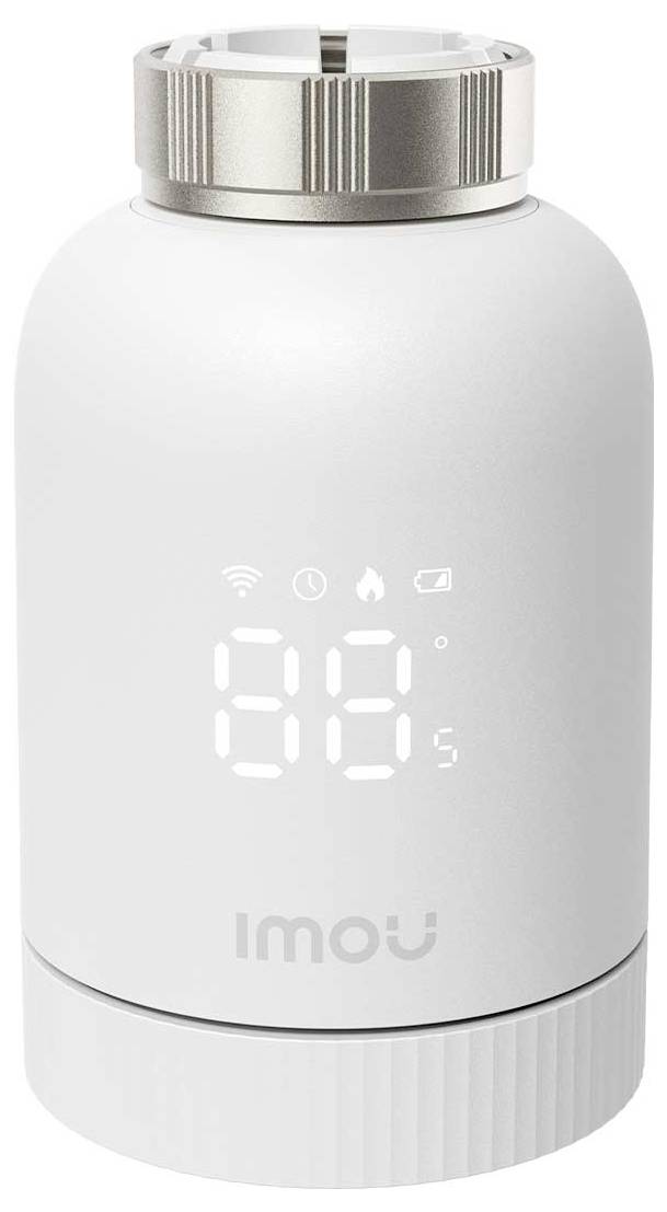 Weiße, zylindrische Sicherheitskamera mit digitaler Anzeige auf der Vorderseite, zeigt Symbole für WLAN und Akku.