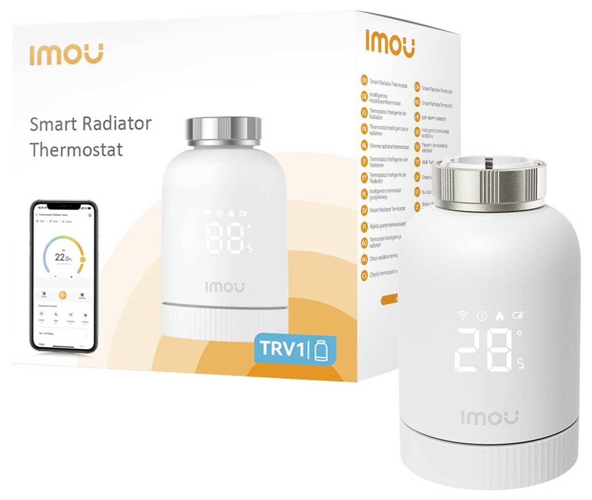 Intelligenter Heizkörperthermostat von Imou, zeigt 28 Grad, Verpackung im Hintergrund mit Smartphone-App-Steuerung.