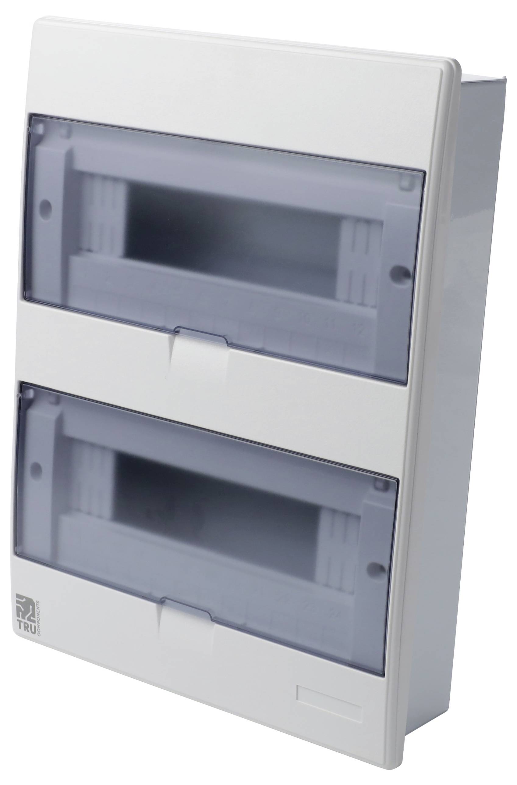 Ein weißer elektrischer Verteilerschrank mit zwei transparenten Türen und dem Herstellerlogo in der linken unteren Ecke.