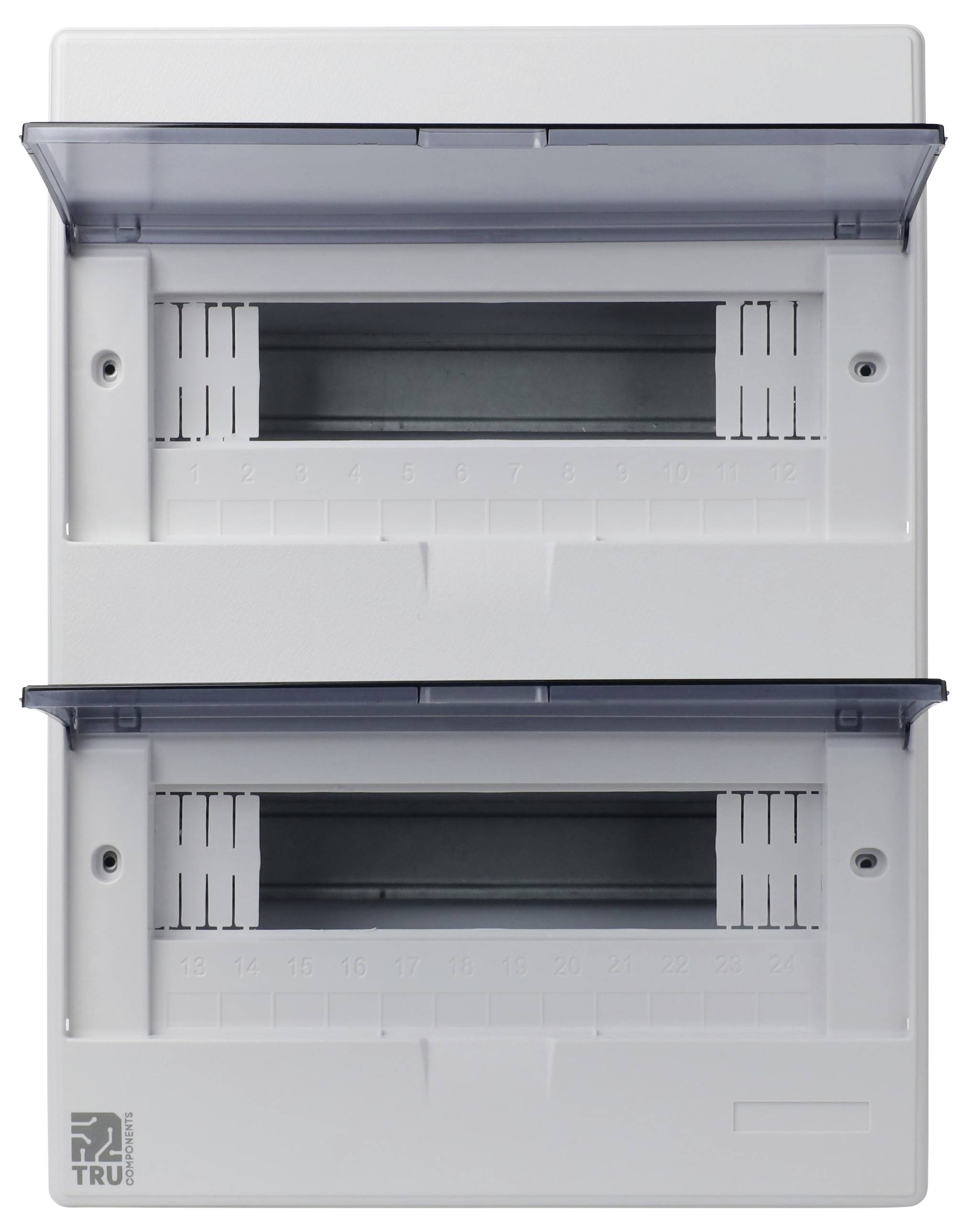 Verteilerschrank mit zwei transparenten Abdeckplatten, ausgelegt zur Aufnahme von Sicherungsautomaten für elektrische Systeme.