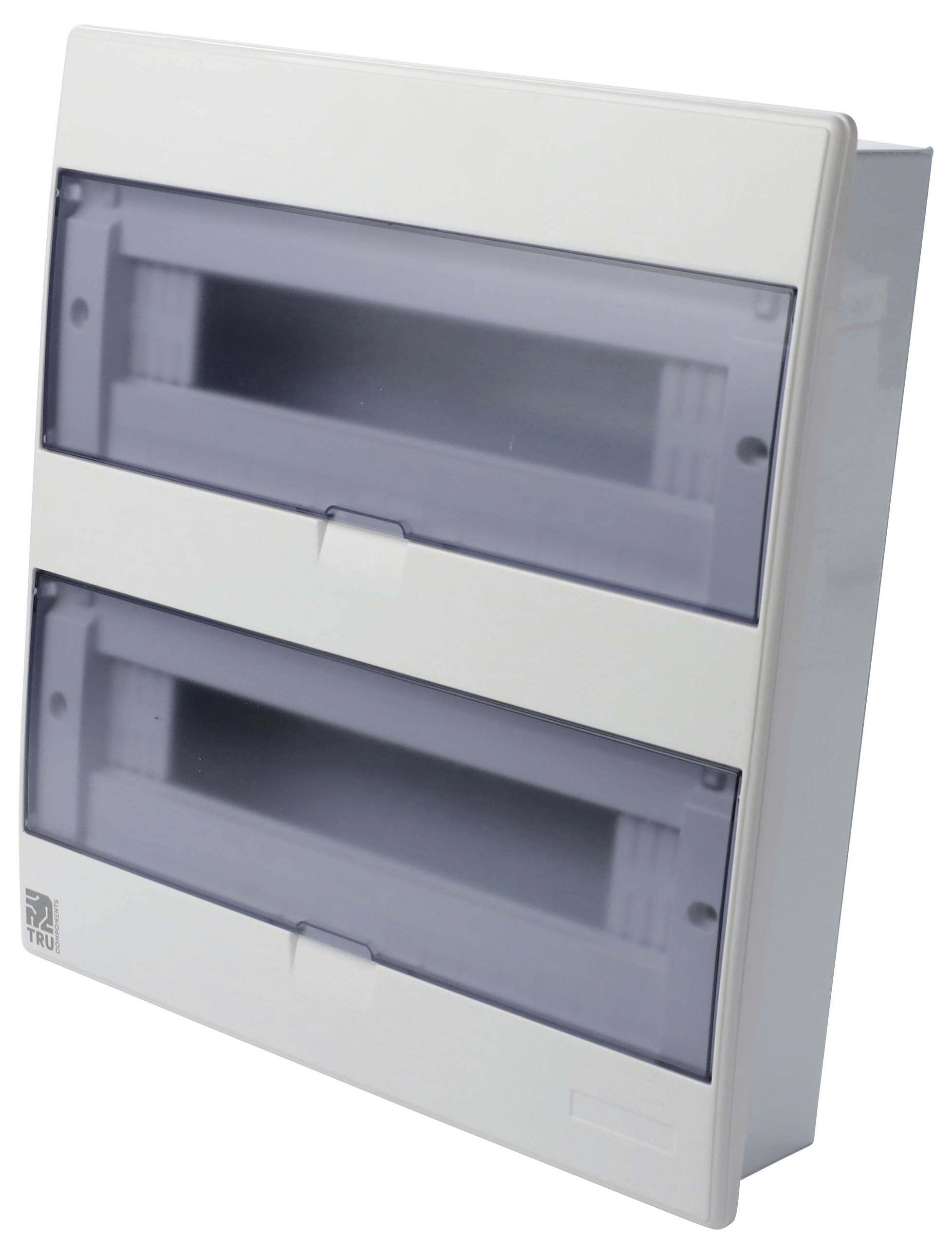 Zweisektions-Elektroverteilerdose mit transparenten Abdeckungen, geeignet zur Aufnahme von Schutzgeräten für elektrische Schaltkreise.