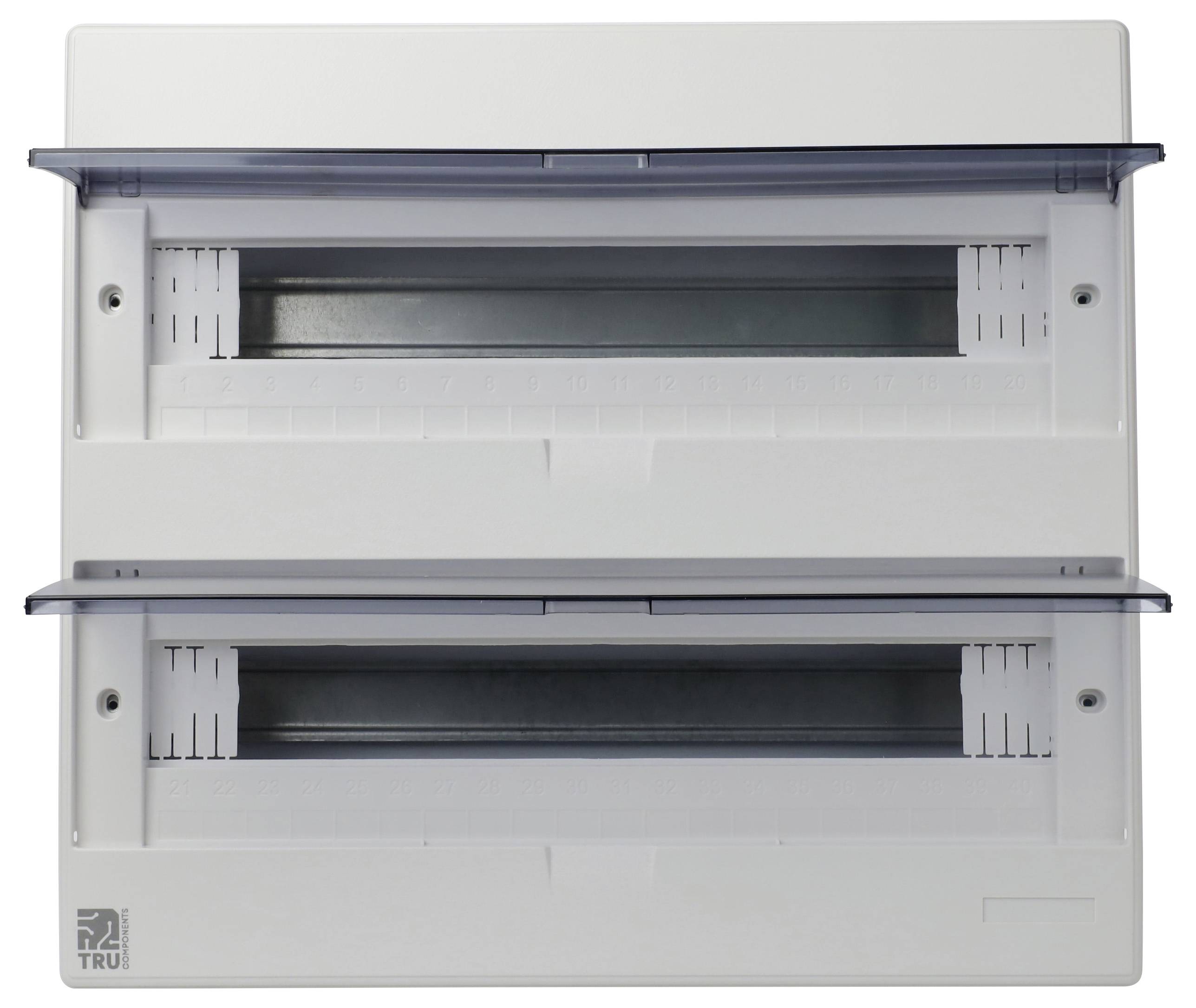 Elektrische Verteilerdose mit zwei Reihen für Sicherungsautomaten, ausgestattet mit transparenten Abdeckungen und einem minimalistischen weißen Design.