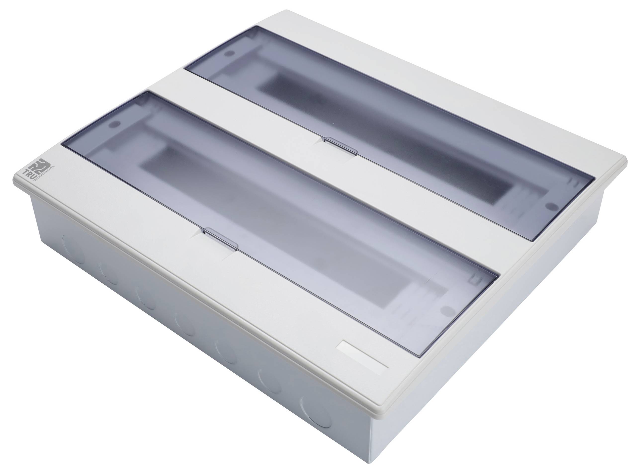 Eine weiße elektrische Verteilerdose mit zwei transparenten blauen Klappdeckeln, die zur Unterbringung und Organisation elektrischer Anschlüsse dient.