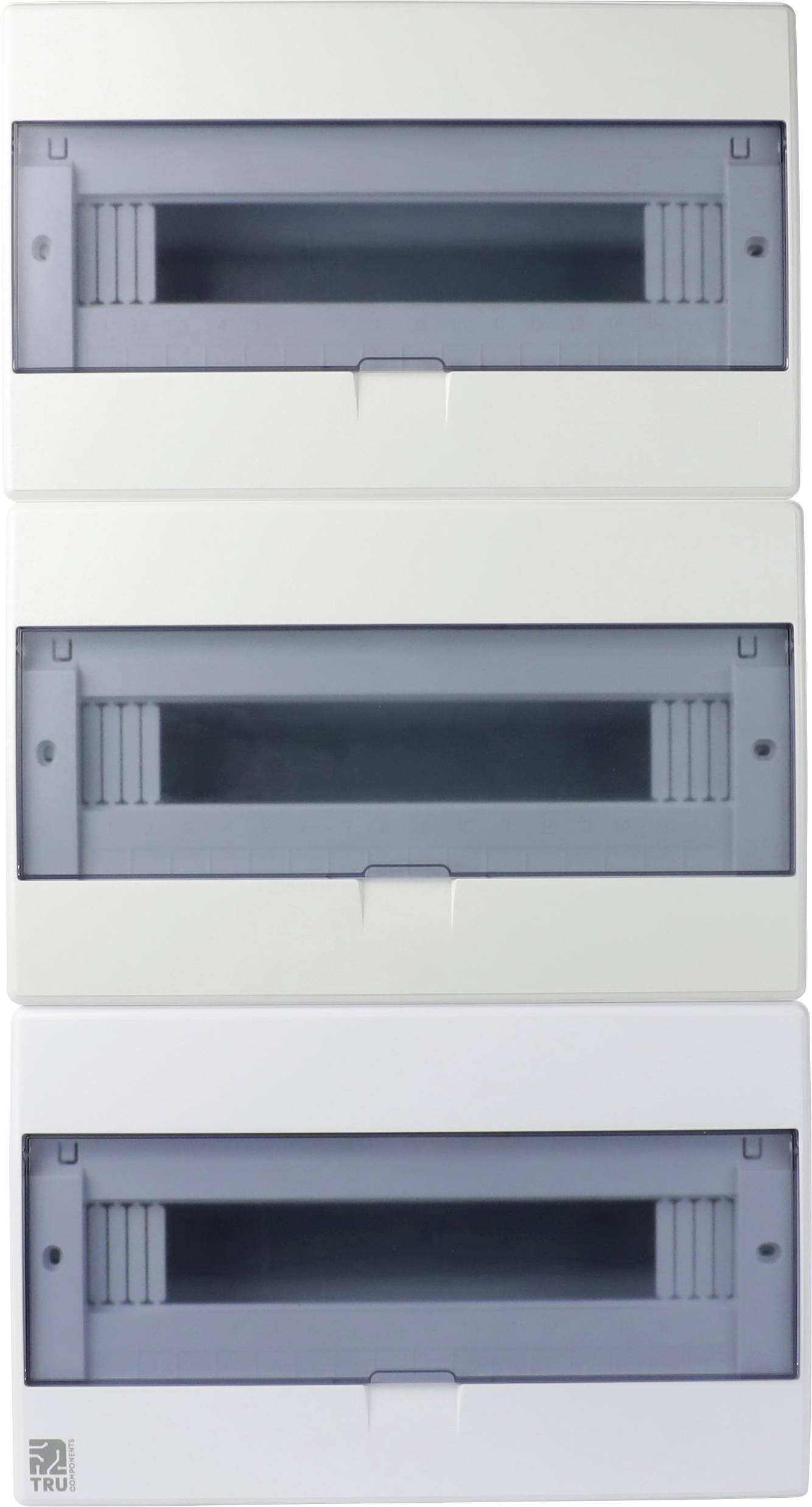 Elektrischer Verteilerschrank mit drei Reihen, jede mit einer transparenten Abdeckung. Verwendet für Leitungsschutz in elektrischen Anlagen.
