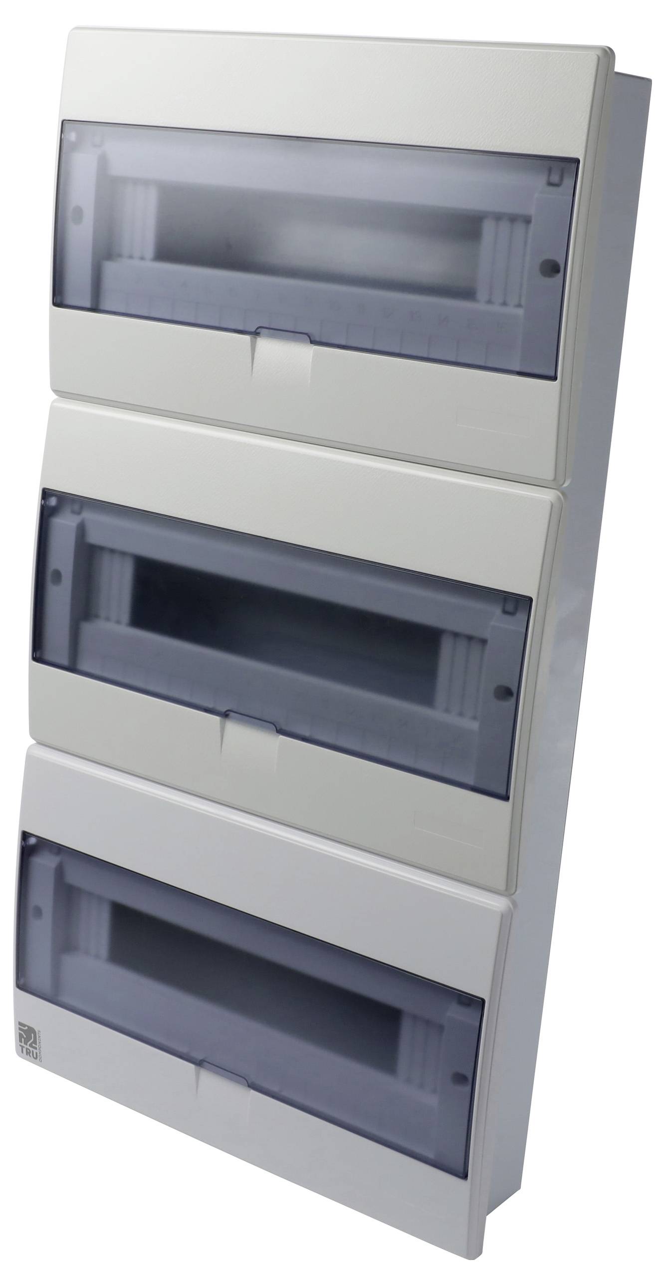 Dreistufige Elektroverteilerschrank mit transparenten Abdeckungen, verwendet zur Unterbringung von Sicherungsautomaten oder elektrischen Komponenten.