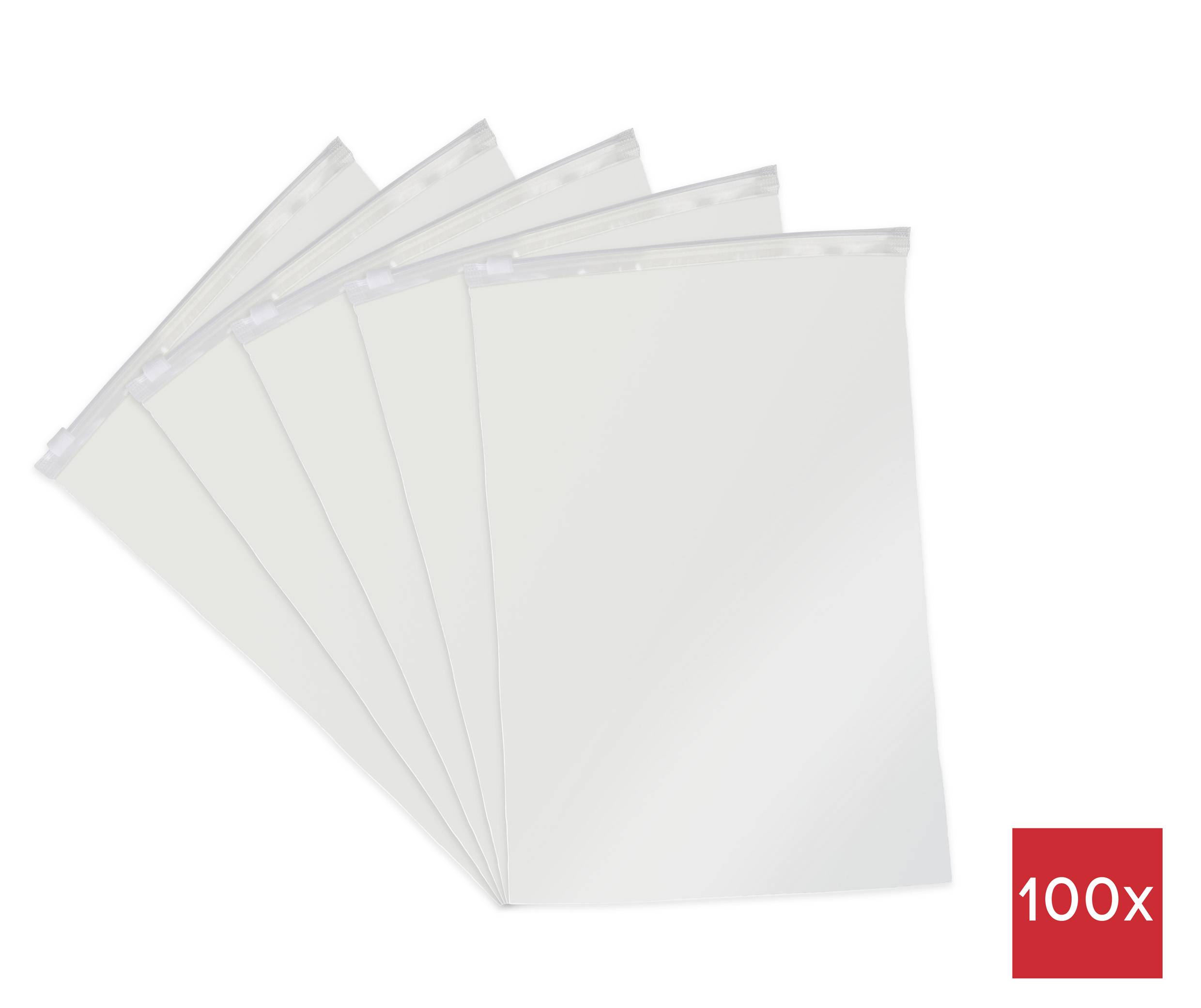 Fünf transparente Plastiktüten leicht aufgefächert, jede mit einem Reißverschluss. Eine rote Box in der unteren rechten Ecke zeigt '100x'.