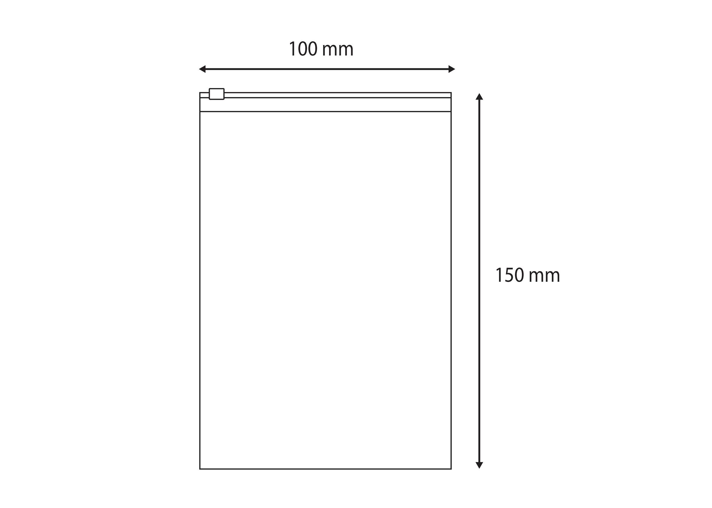 Diagramm einer rechteckigen Tasche mit Abmessungen: Breite 100 mm und Höhe 150 mm.