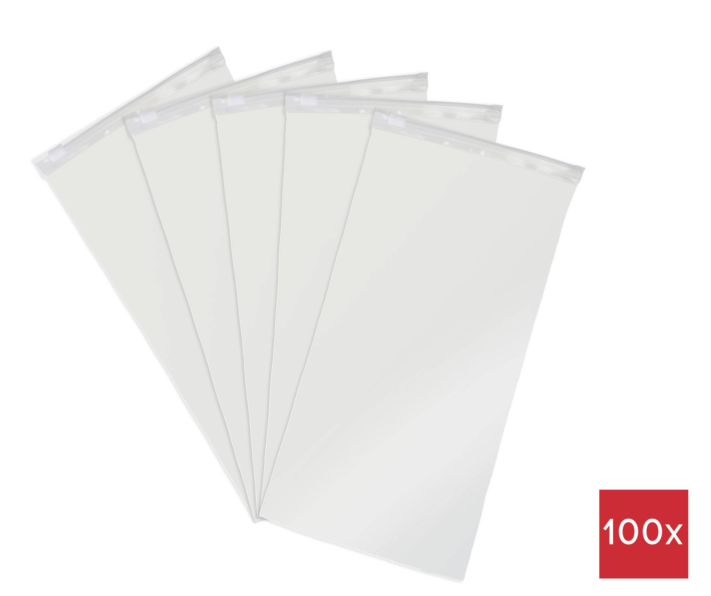 Fünf durchsichtige Plastiktüten sind fächerförmig ausgebreitet, mit einer roten Beschriftung '100x' in der Ecke, die eine Packung von 100 Tüten anzeigt.