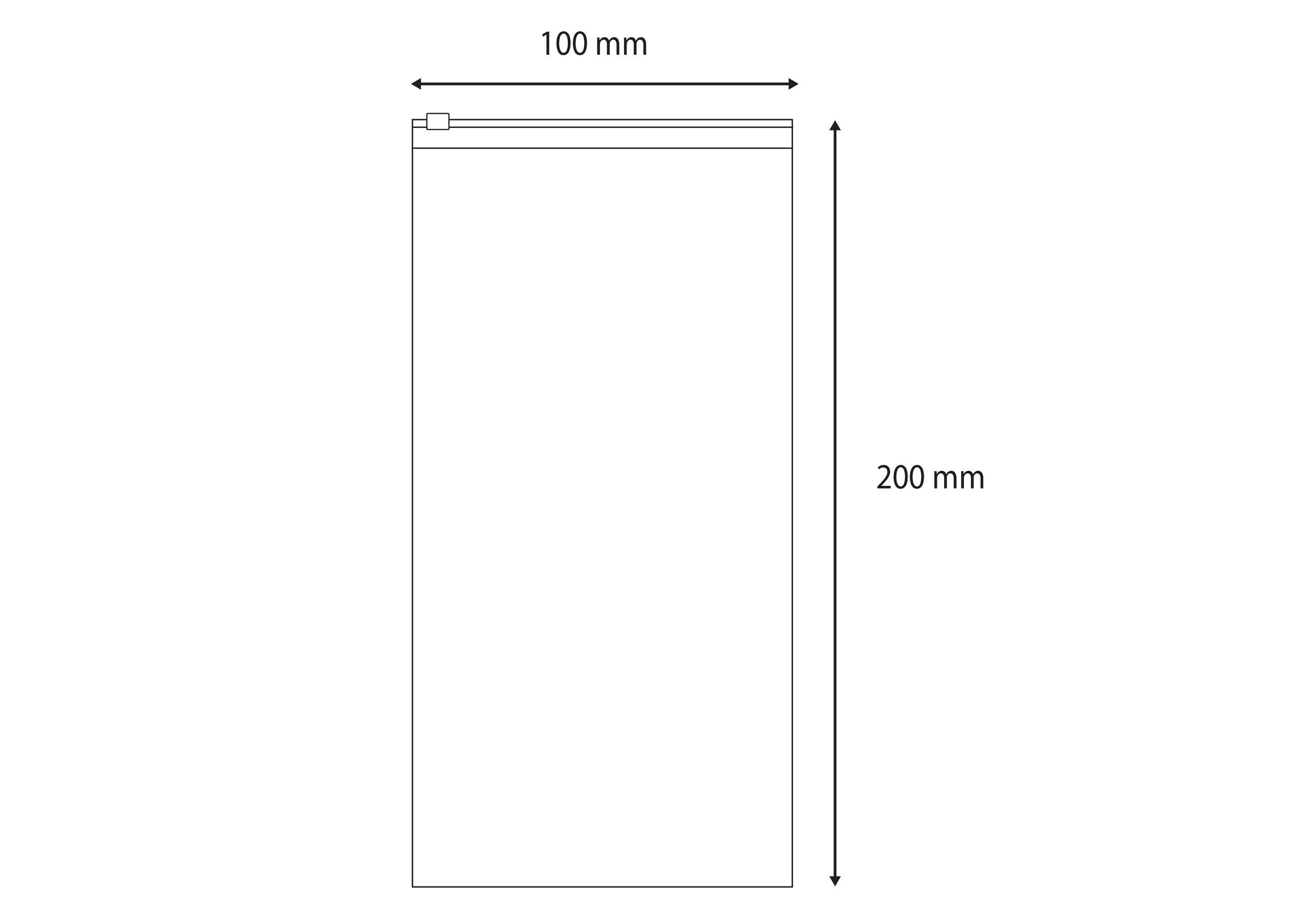 Eine technische Zeichnung zeigt eine rechteckige Tasche mit den Maßen: 100 mm breit und 200 mm hoch, versehen mit einem Reißverschluss.