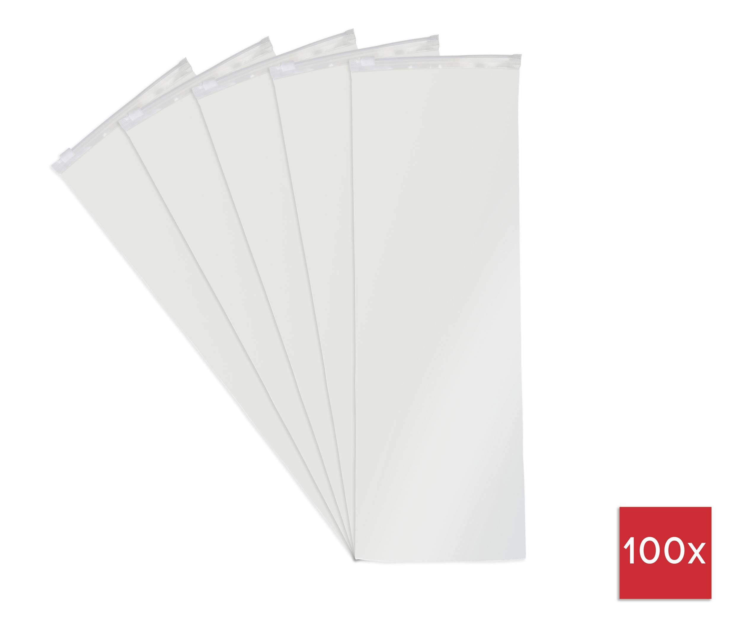 Fünf gestapelte weiße Plastikbeutel, fächerförmig vor einem weißen Hintergrund ausgebreitet, mit einem roten Etikett, das in der unteren rechten Ecke '100x' anzeigt.