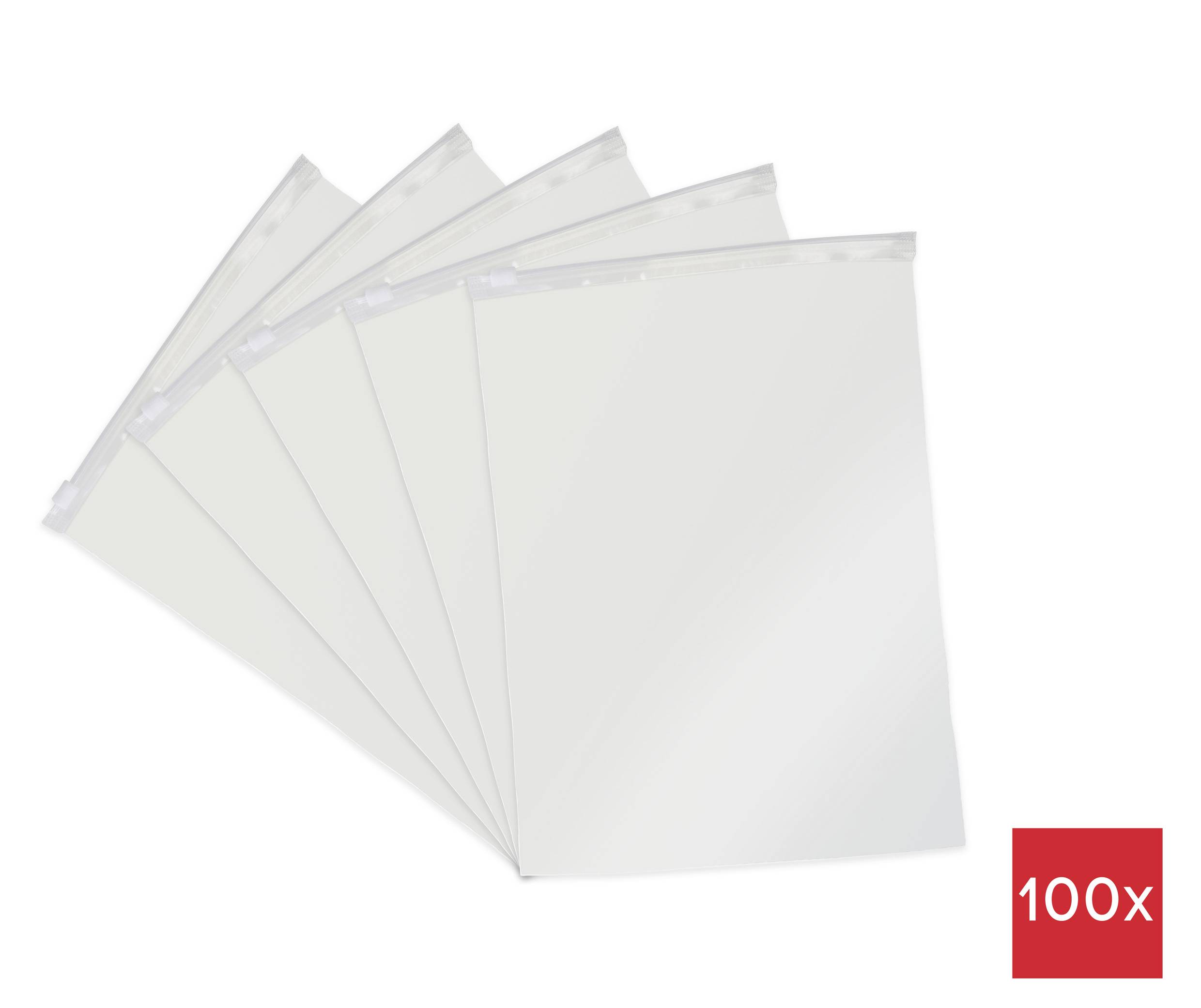 Fünf transparente Plastik-Reißverschlussbeutel fächern sich leicht überlappend aus und deuten auf eine Packung mit 100 Stück hin.