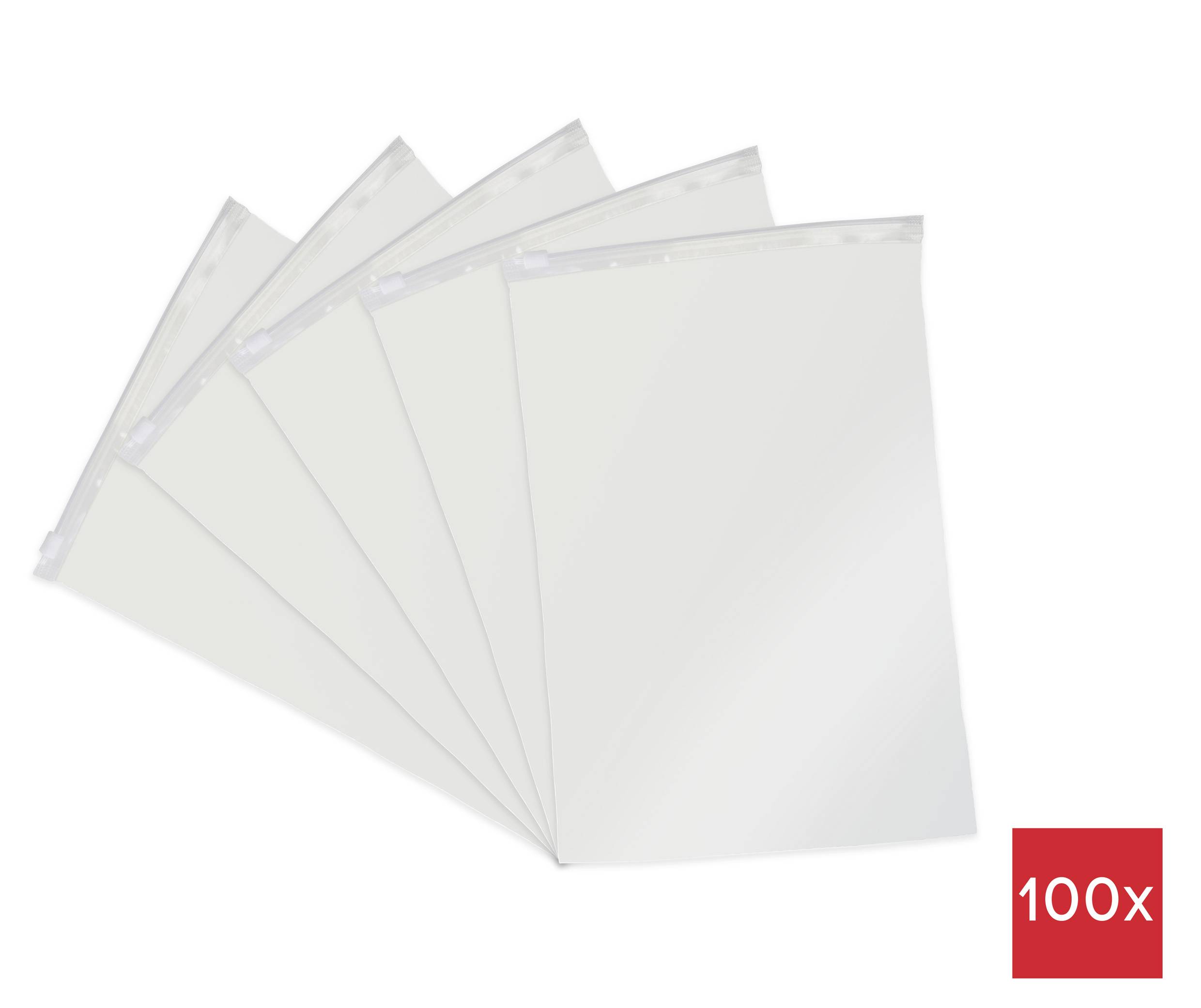 Fünf transparente Dokumentenhüllen, die vor einem weißen Hintergrund fächerförmig ausgebreitet sind, mit einer roten Beschriftung '100x', die die Menge anzeigt.