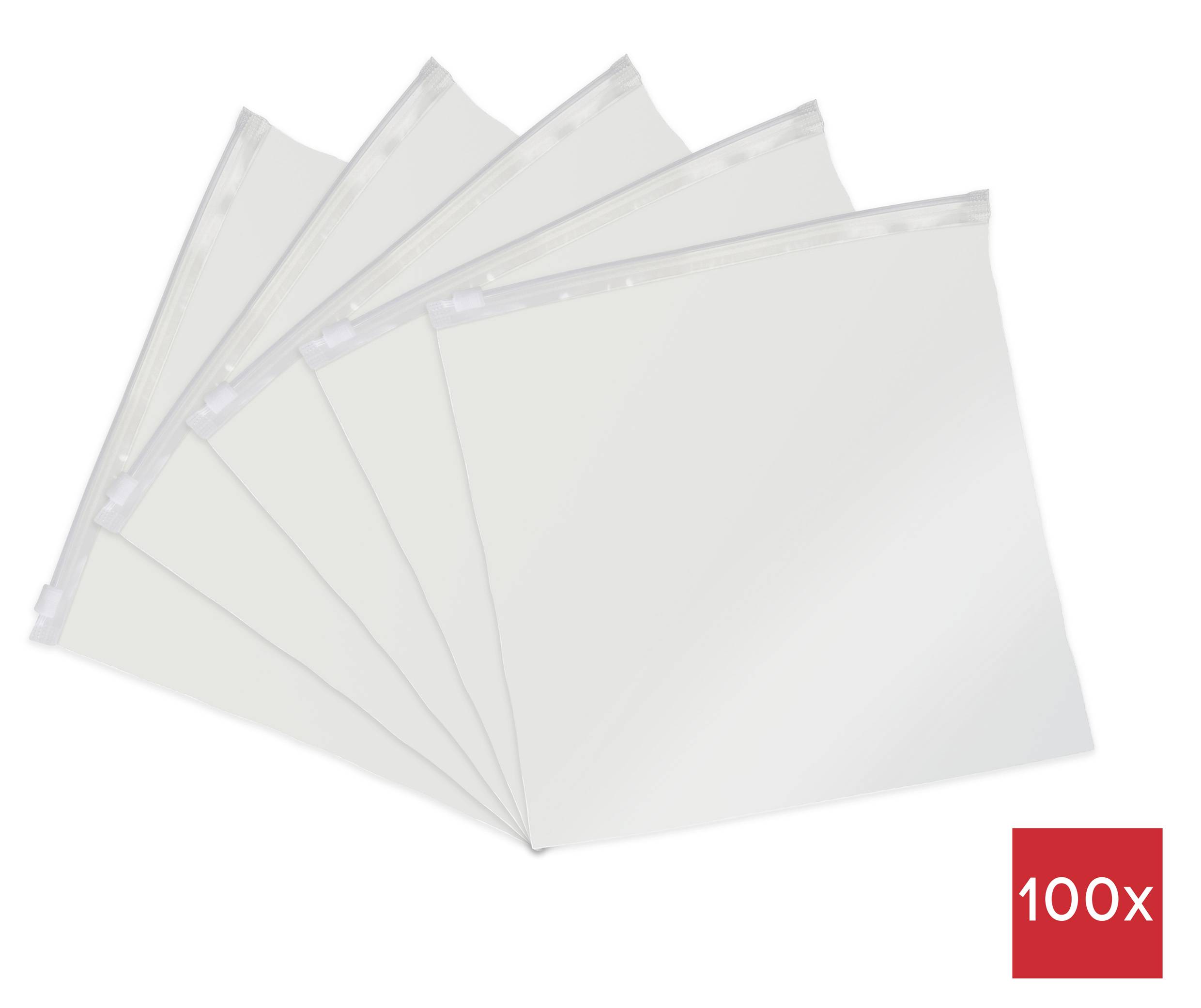 Fünf transparente, wiederverschließbare Plastiktüten werden fächerförmig ausgebreitet. Ein rotes Quadrat in der Ecke zeigt '100x' zur Mengenangabe.