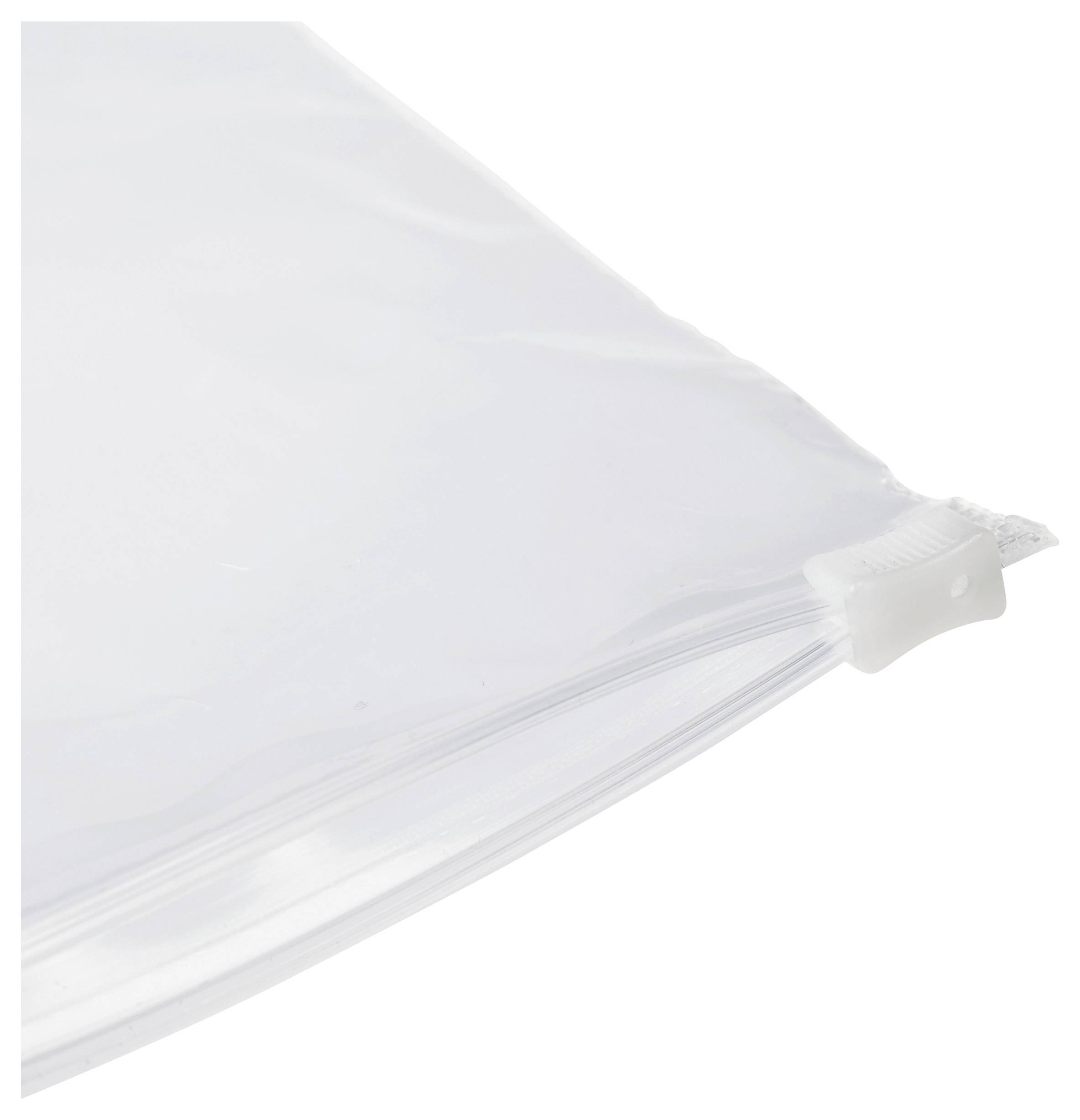 Ein transparenter Plastik-Reißverschlussbeutel mit einem weißen Schieber in der oberen rechten Ecke, der zum Versiegeln und Aufbewahren verschiedener Gegenstände verwendet wird.