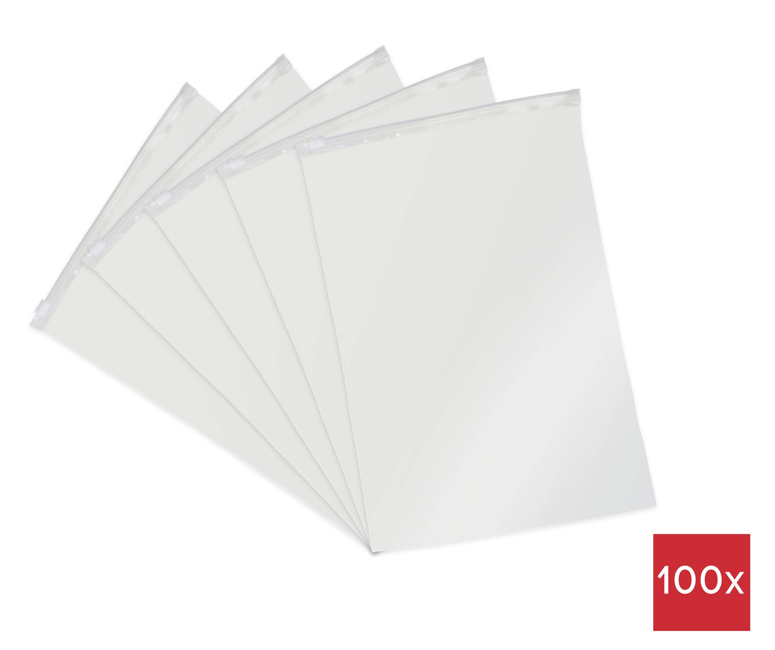 Ein Bild, das fünf durchsichtige Plastikschutzhüllen zeigt, die teilweise übereinander gestapelt sind. Ein rotes Quadrat mit der Aufschrift '100x' deutet auf eine Packung mit 100 Stück hin.