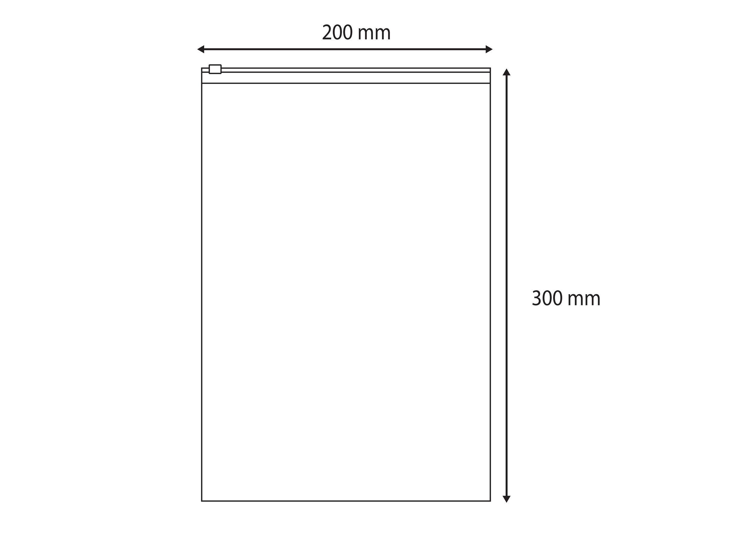 Eine einfache Linienzeichnung einer rechteckigen Plastiktüte. Die Abmessungen sind mit 200 mm in der Breite und 300 mm in der Höhe beschriftet.