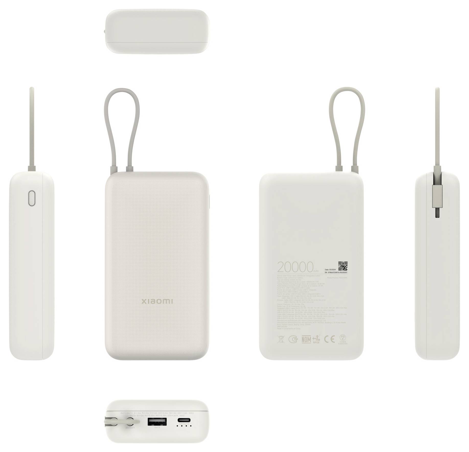 Bilder einer weißen mobilen Powerbank aus verschiedenen Blickwinkeln, die die USB-Anschlüsse, Kabelschlaufen und Kapazitätsinformationen auf einer Seite zeigen.