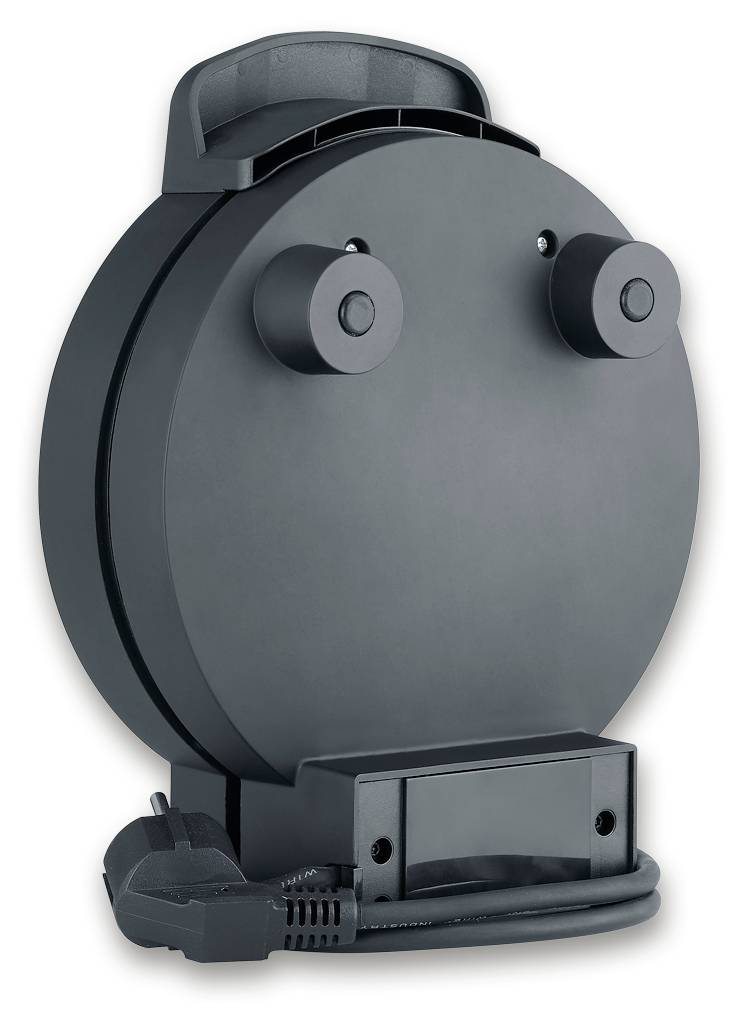 Schwarz-grauer, runder Kontaktgrill von hinten, zeigt Elektroanschluss und Kabelaufwicklung.