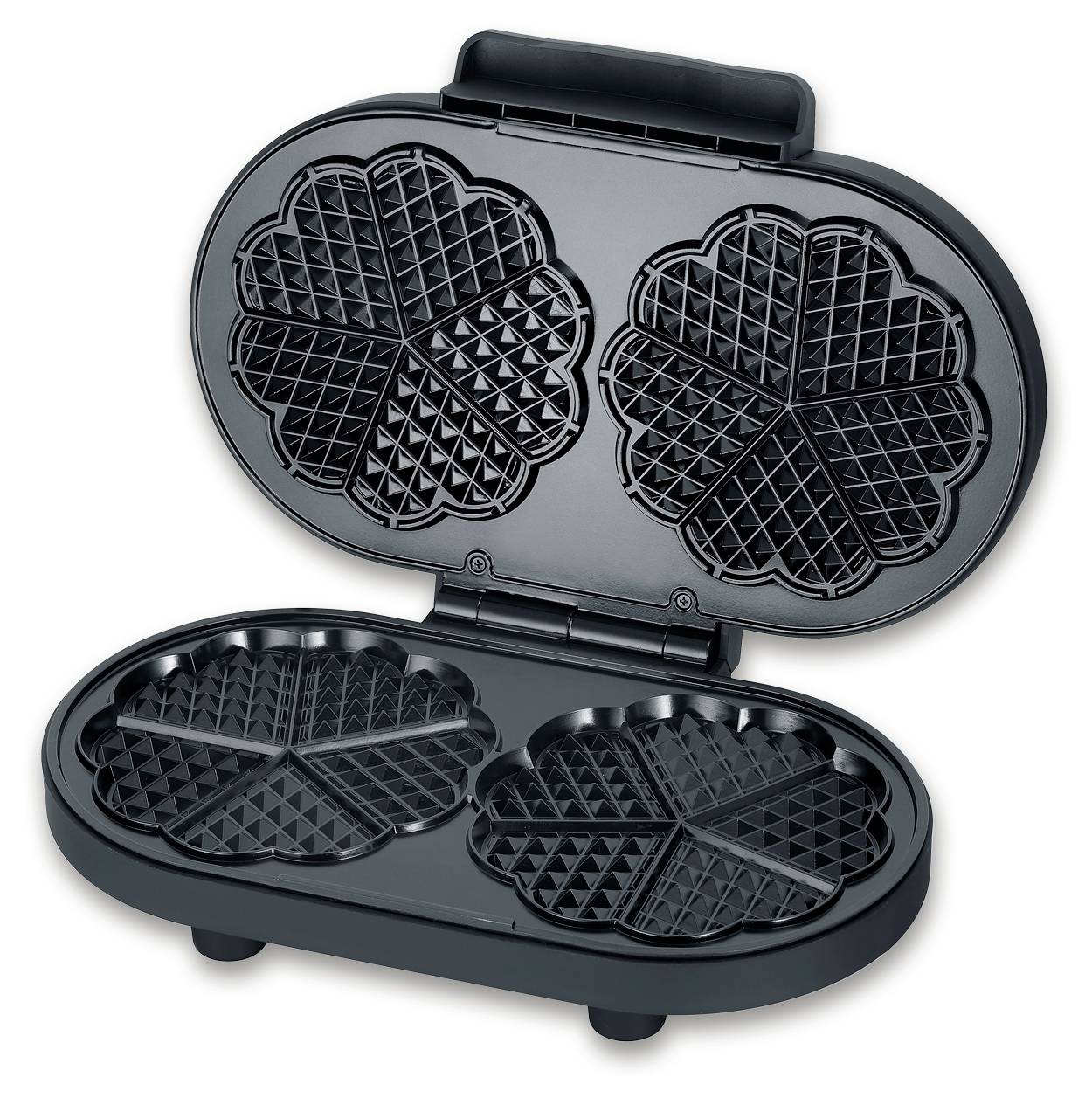 Ein offenes Waffeleisen mit zwei herzförmigen Backflächen, bereit zum Gebrauch. Ideal für die Zubereitung von zwei Waffeln gleichzeitig.